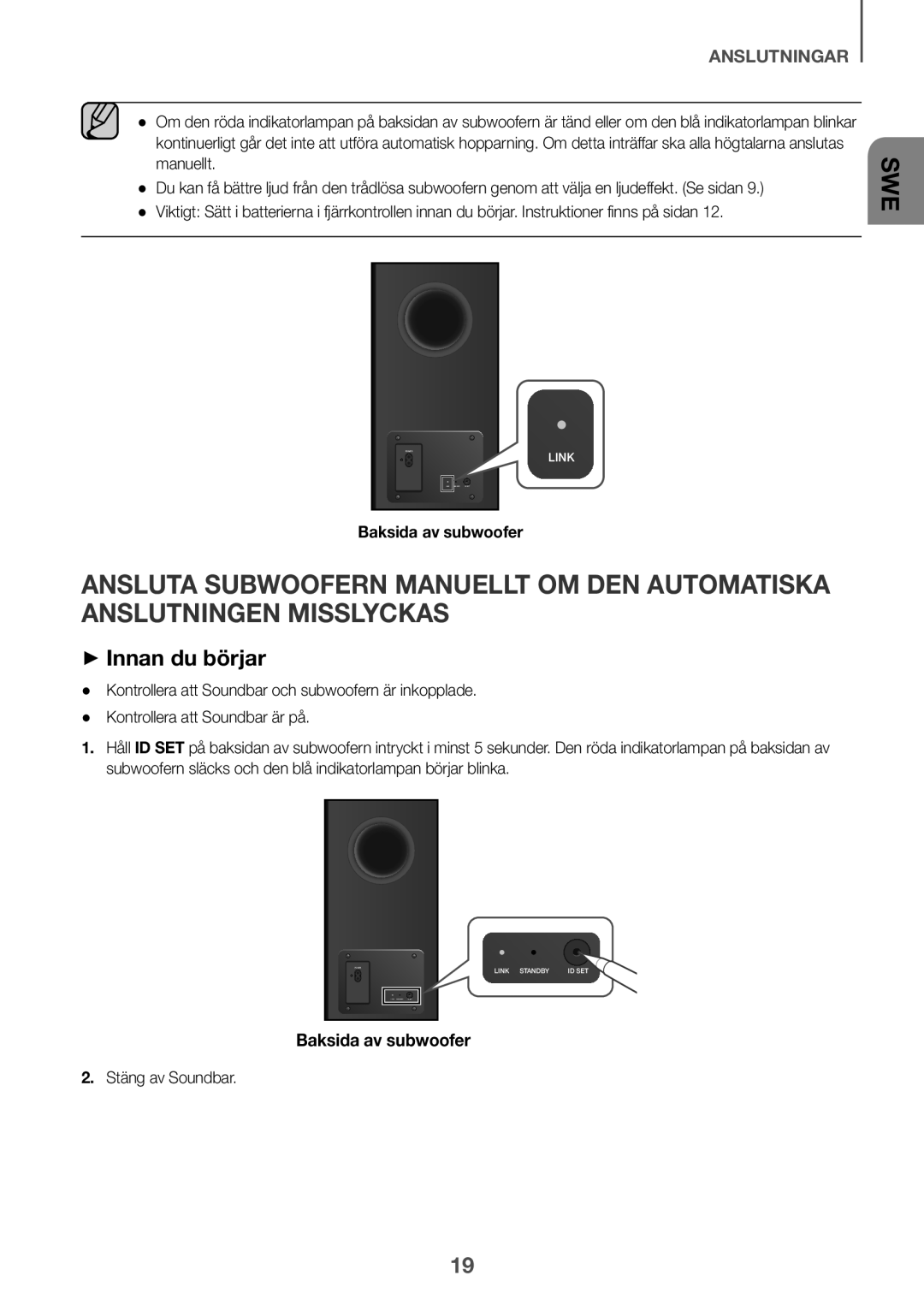 Samsung HW-K860/XE manual ++Innan du börjar, Baksida av subwoofer, Stäng av Soundbar 