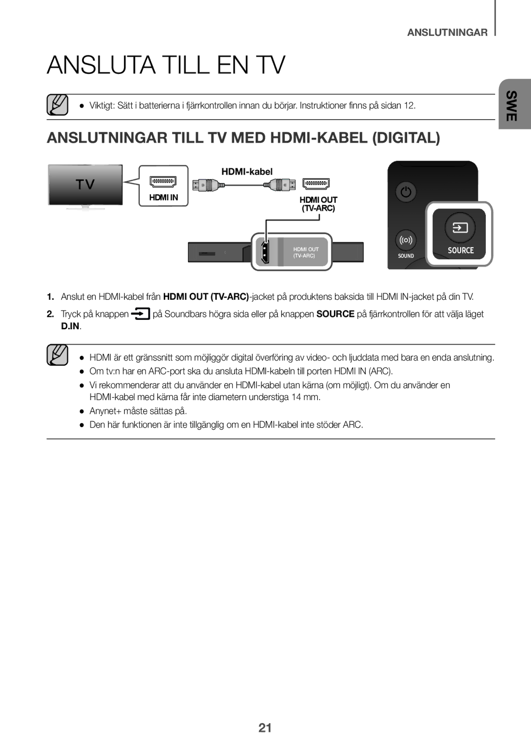 Samsung HW-K860/XE manual Ansluta till en TV, Anslutningar till tv med HDMI-kabel Digital 