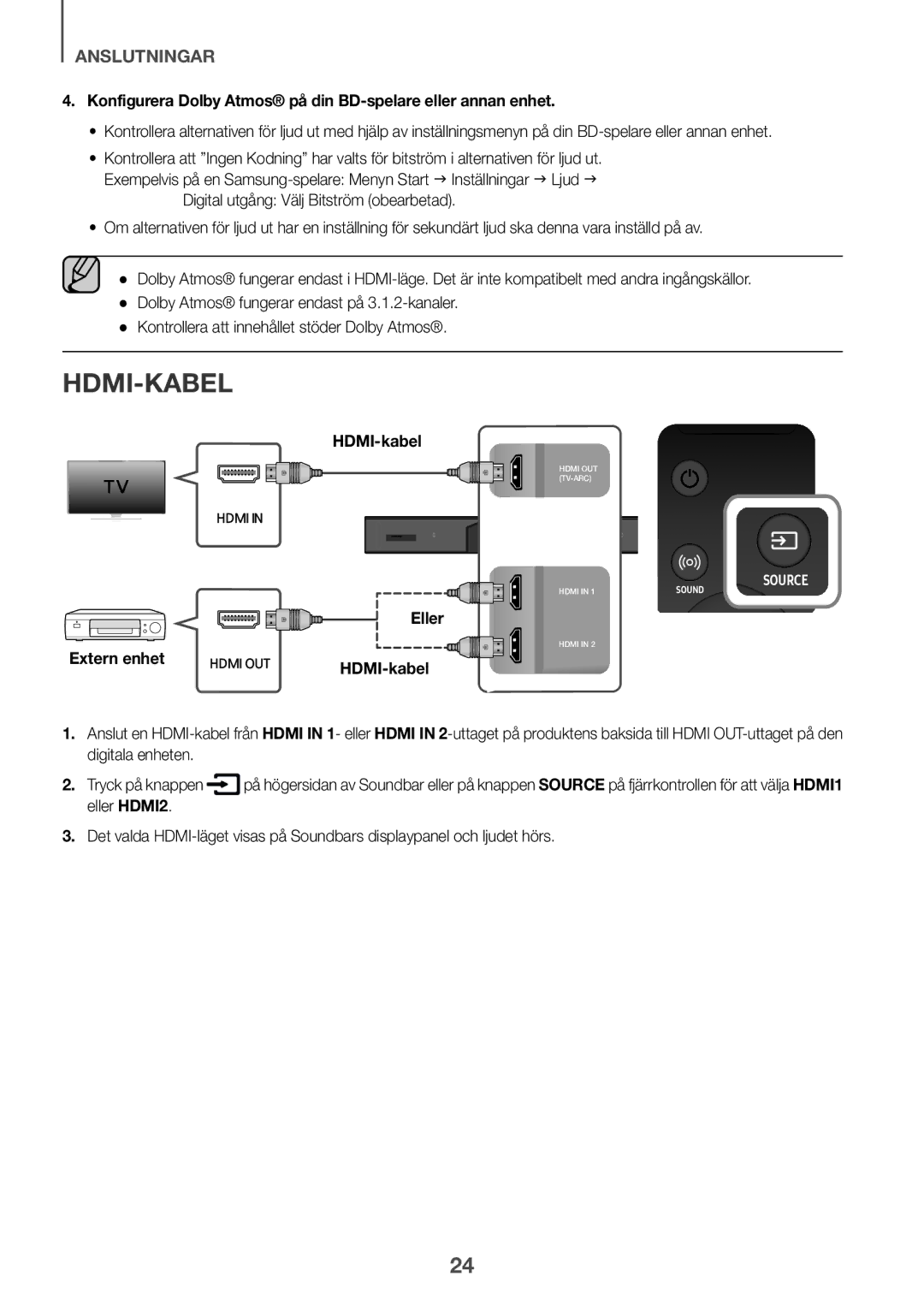 Samsung HW-K860/XE manual HDMI-kabel, Konfigurera Dolby Atmos på din BD-spelare eller annan enhet 