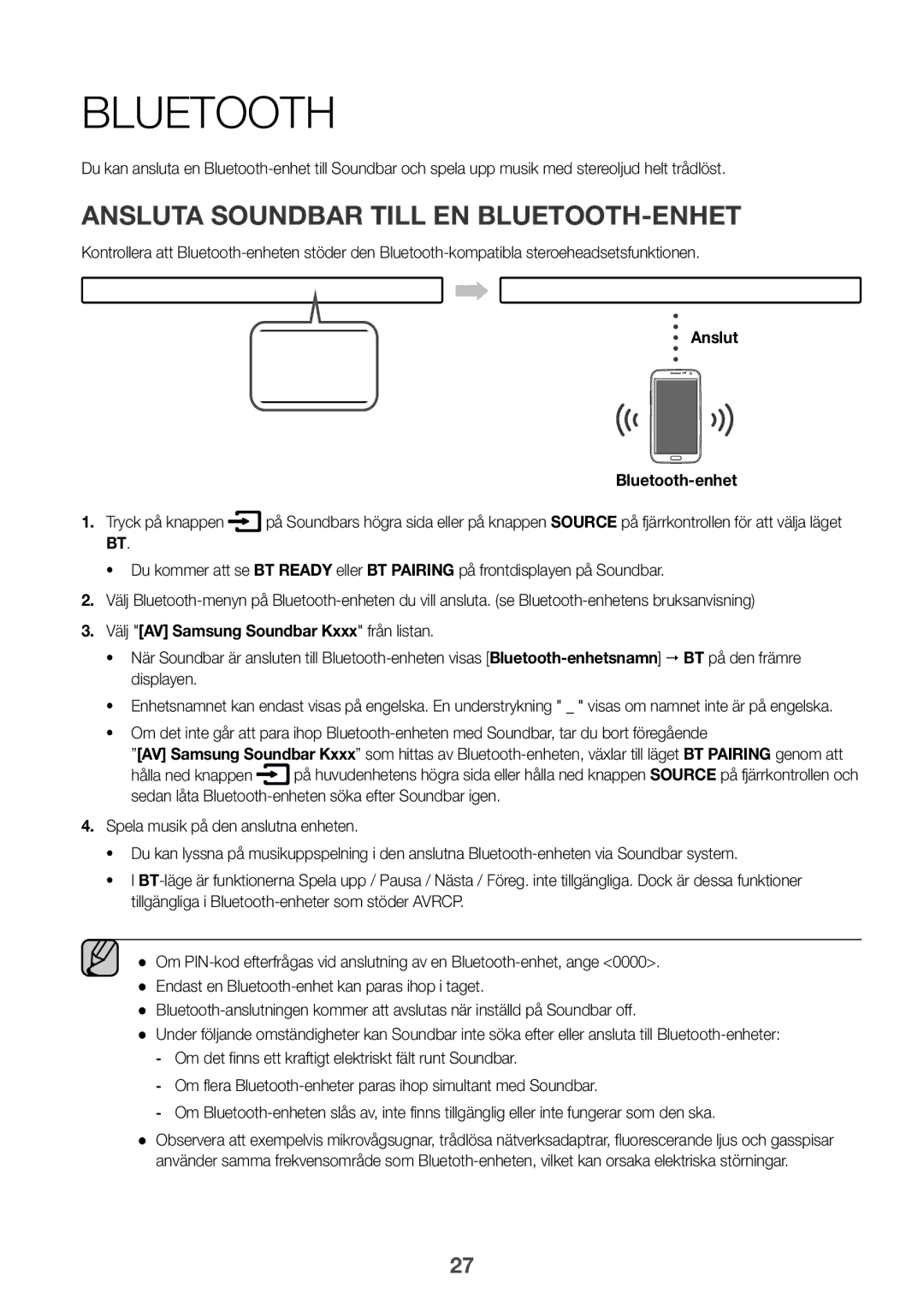 Samsung HW-K860/XE manual Ansluta Soundbar till en Bluetooth-enhet, Anslut Bluetooth-enhet Tryck på knappen 