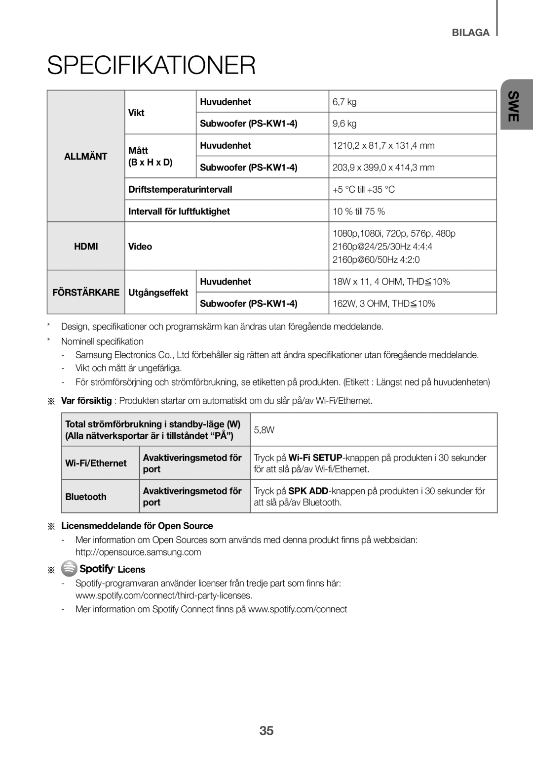 Samsung HW-K860/XE Specifikationerbilaga, Vikt Huvudenhet Subwoofer PS-KW1-4, Port, Aa Licensmeddelande för Open Source 