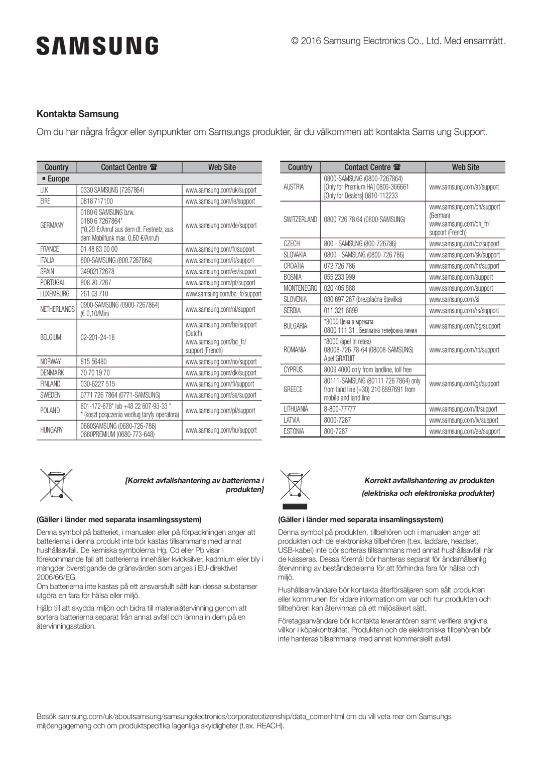 Samsung HW-K860/XE manual Kontakta Samsung, Produkten 