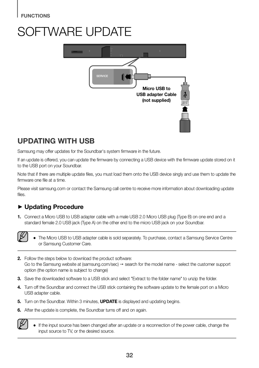 Samsung HW-K860/XE Software Update, Updating with USB, ++Updating Procedure, Micro USB to USB adapter Cable Not supplied 