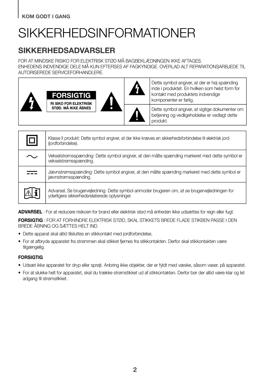 Samsung HW-K860/XE manual Sikkerhedsinformationer, Sikkerhedsadvarsler 