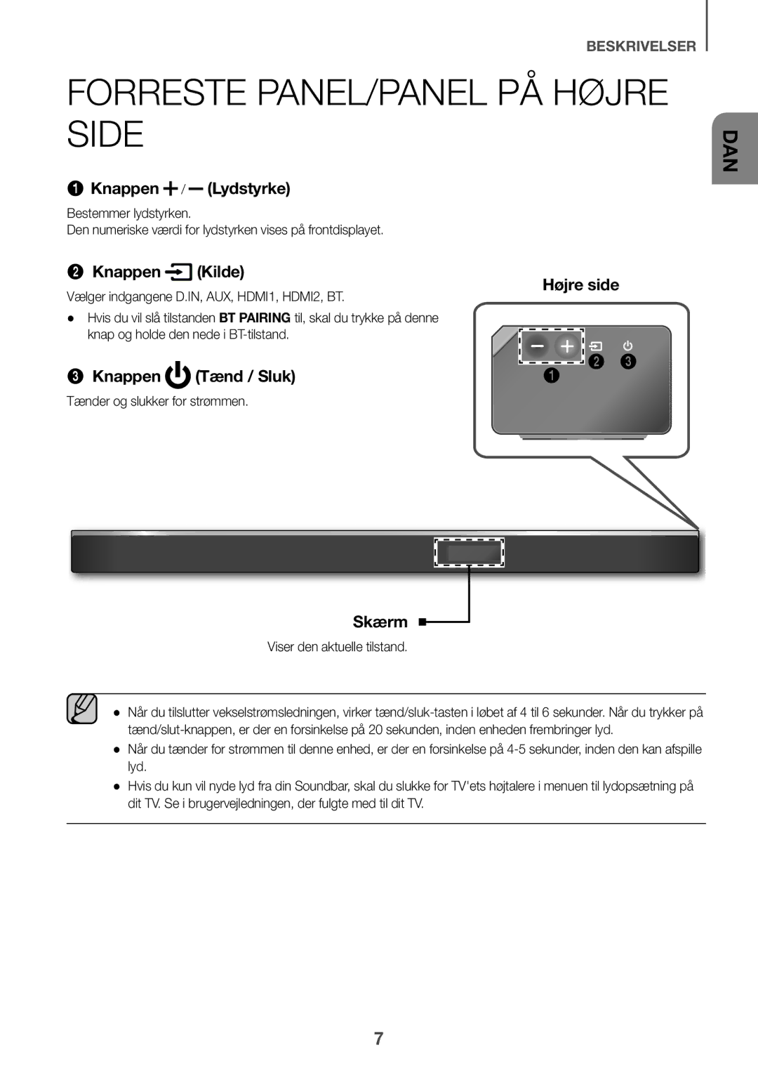 Samsung HW-K860/XE manual Forreste panel/panel på højre side, Vælger indgangene D.IN, AUX, HDMI1, HDMI2, BT 