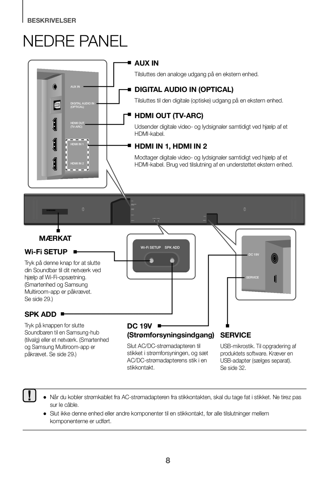 Samsung HW-K860/XE manual Nedre panel, DC 19V Strømforsyningsindgang, Tilsluttes den analoge udgang på en ekstern enhed 