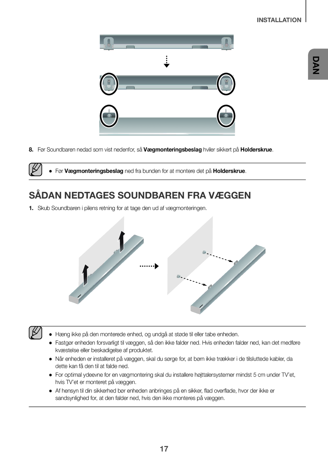 Samsung HW-K860/XE manual Sådan nedtages Soundbaren fra væggen 