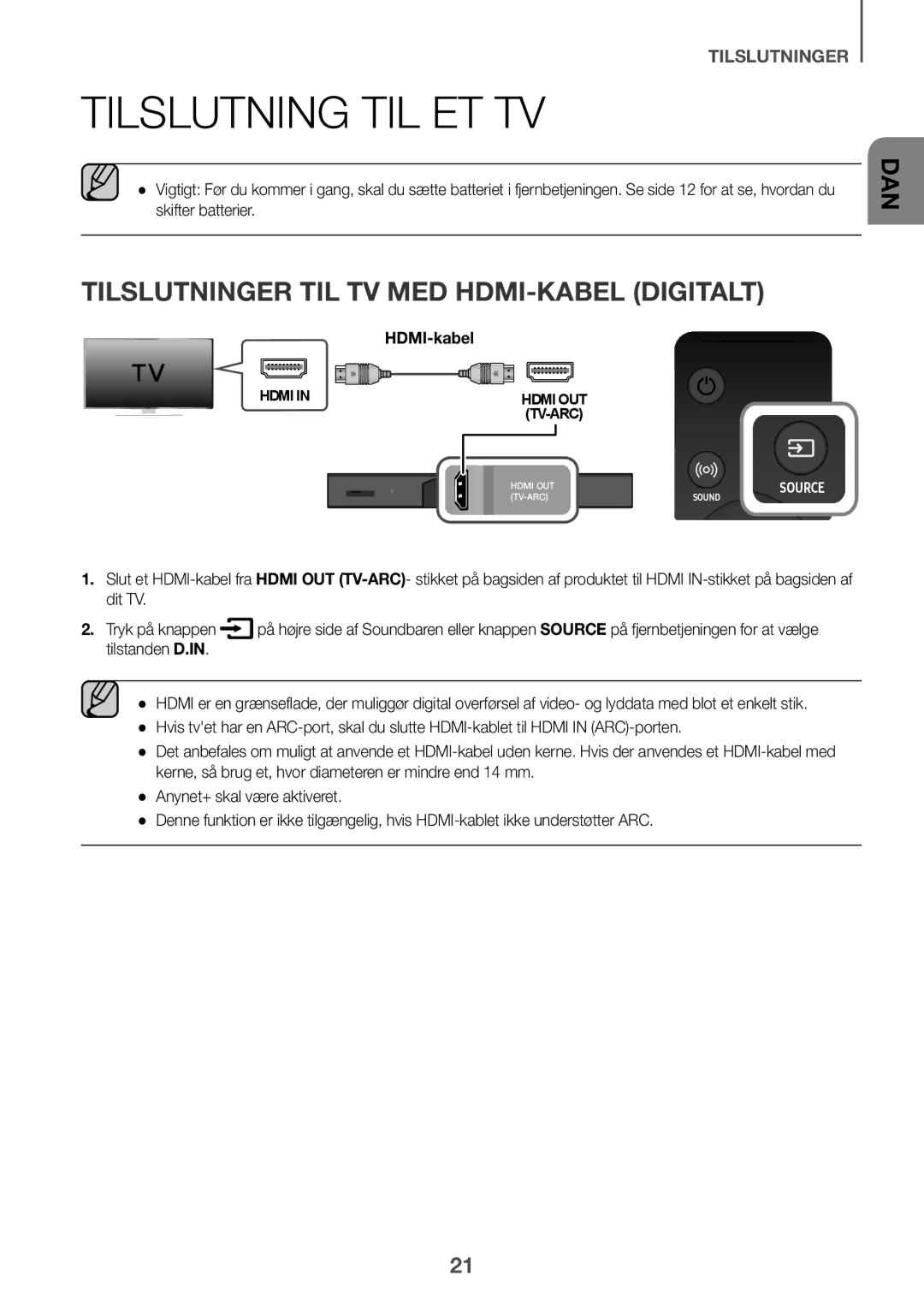 Samsung HW-K860/XE manual Tilslutning til et tv, Tilslutninger til tv med HDMI-kabel digitalt, Tilstanden D.IN 