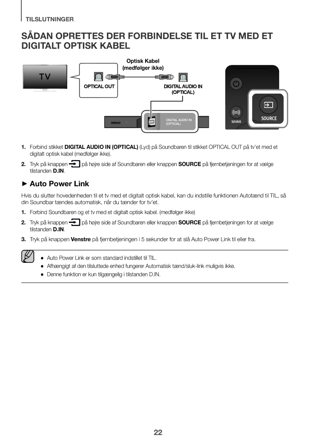 Samsung HW-K860/XE manual ++Auto Power Link, Optisk Kabel Medfølger ikke 