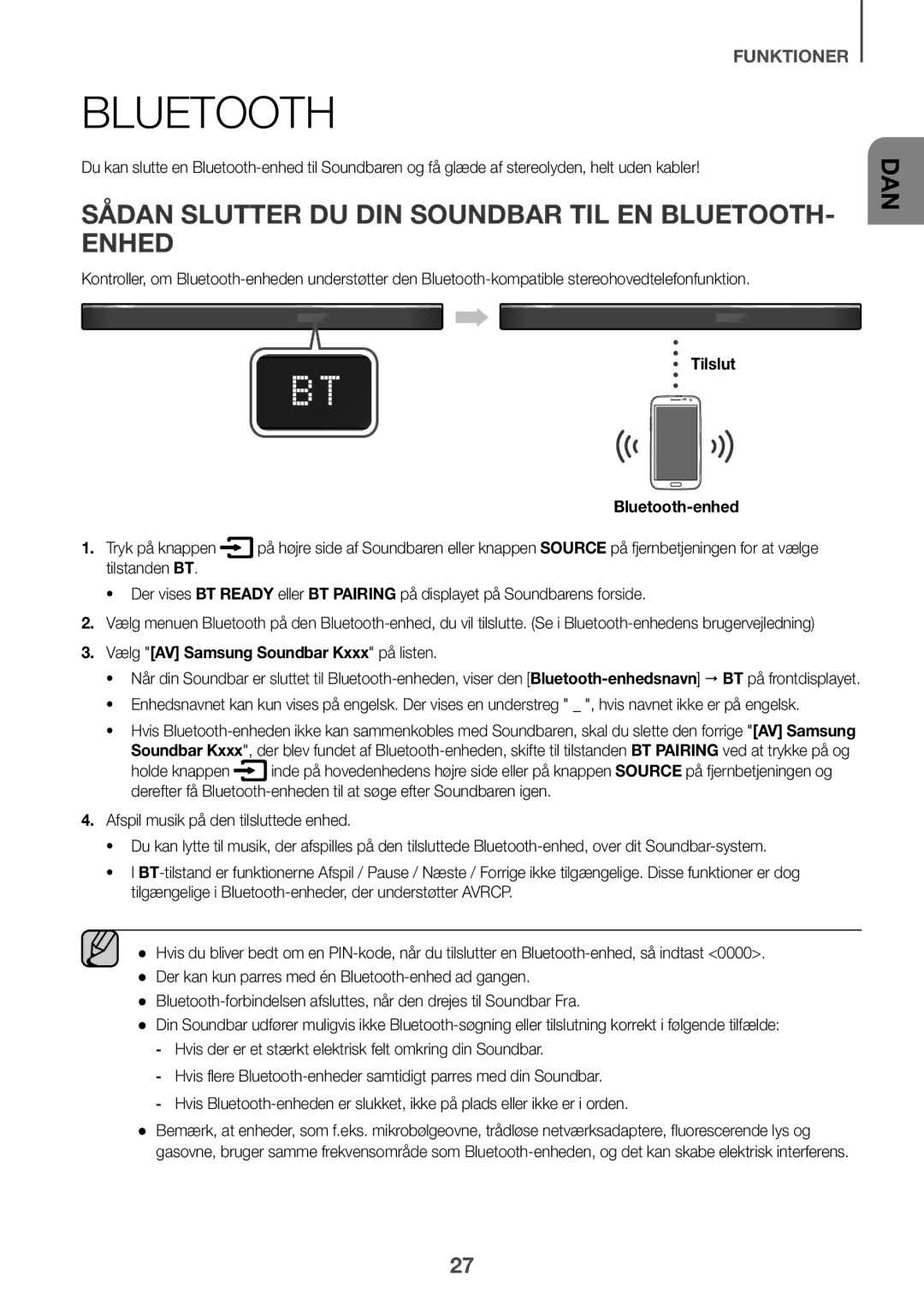 Samsung HW-K860/XE manual Sådan slutter du din Soundbar til en Bluetooth- enhed, Tilslut Bluetooth-enhed Tryk på knappen 