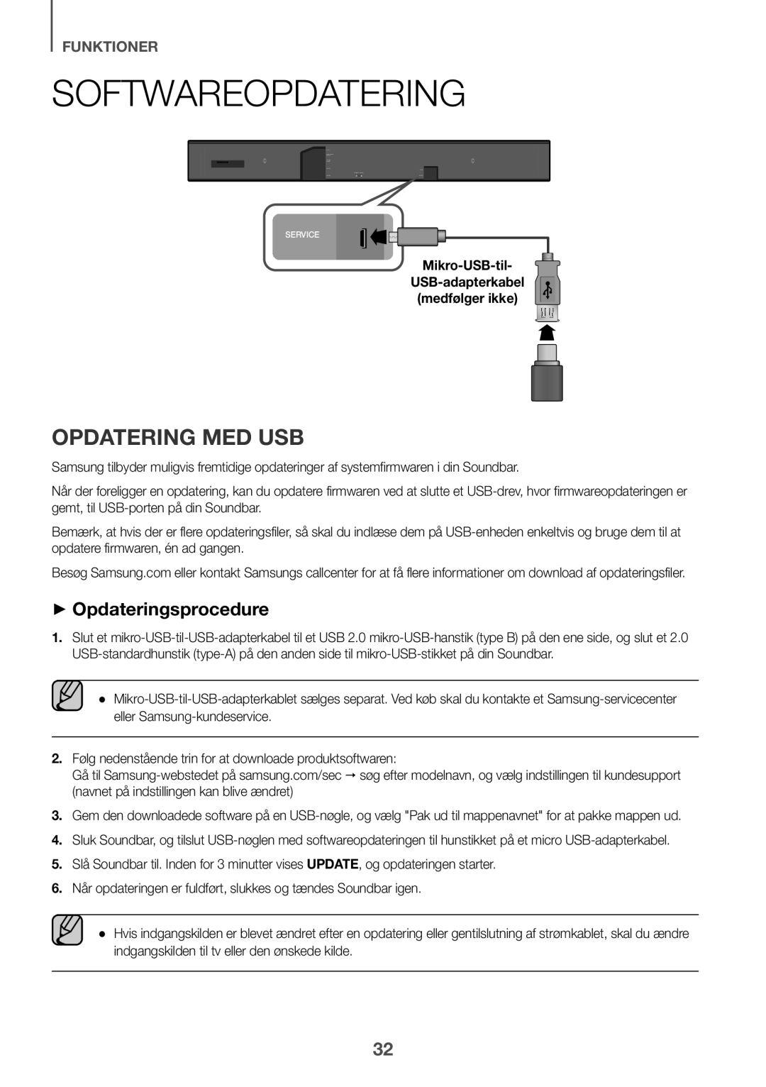 Samsung HW-K860/XE manual Softwareopdatering, Opdatering med USB, ++Opdateringsprocedure 