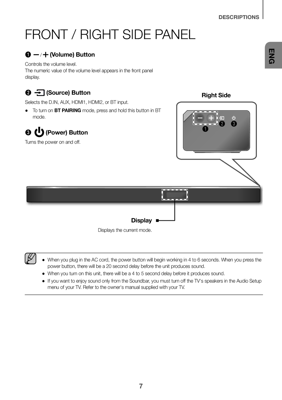 Samsung HW-K860/XE Front / Right Side Panel, Selects the D.IN, AUX, HDMI1, HDMI2, or BT input, Turns the power on and off 