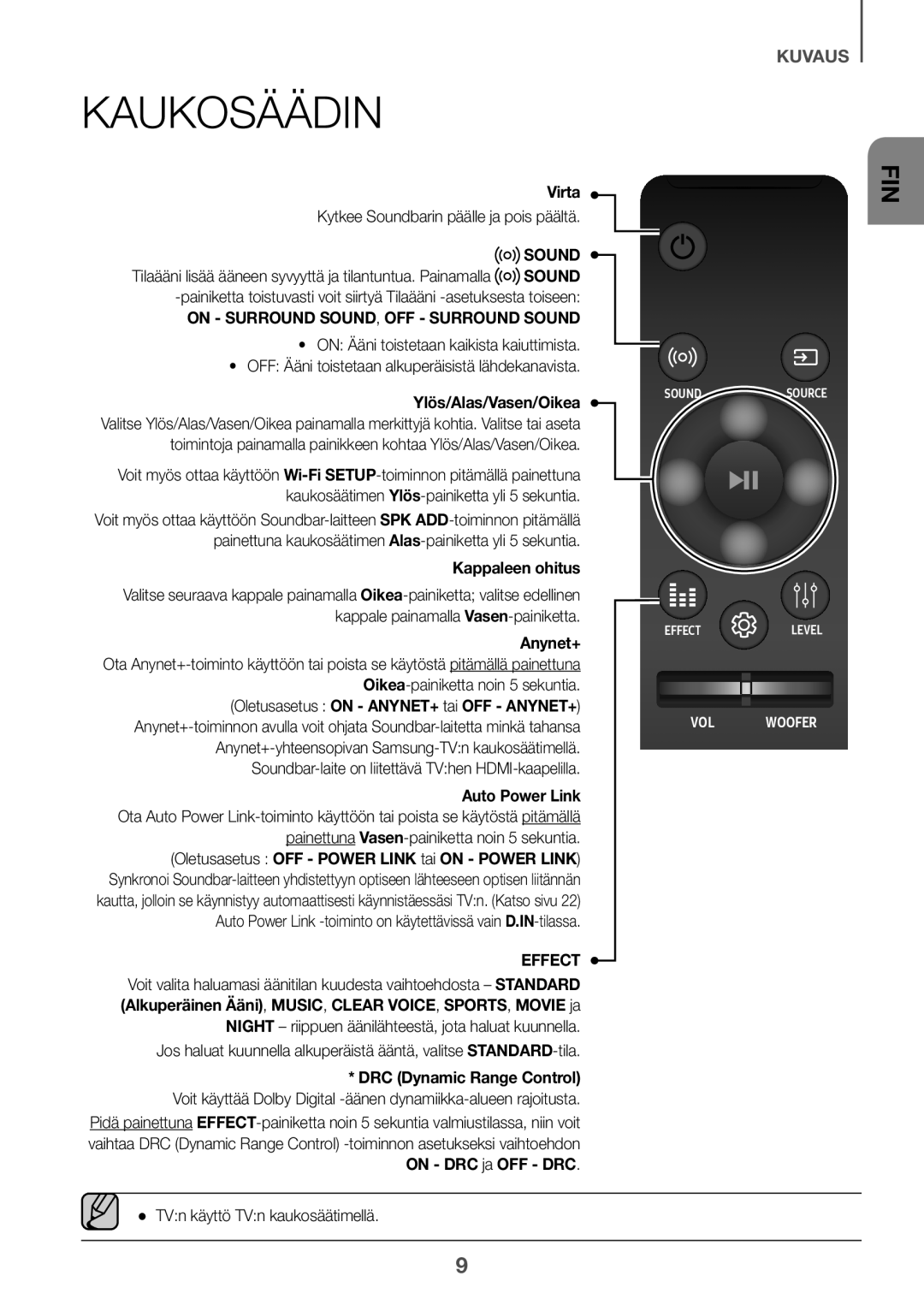 Samsung HW-K860/XE manual Kaukosäädin, Virta, Ylös/Alas/Vasen/Oikea, Kappaleen ohitus 