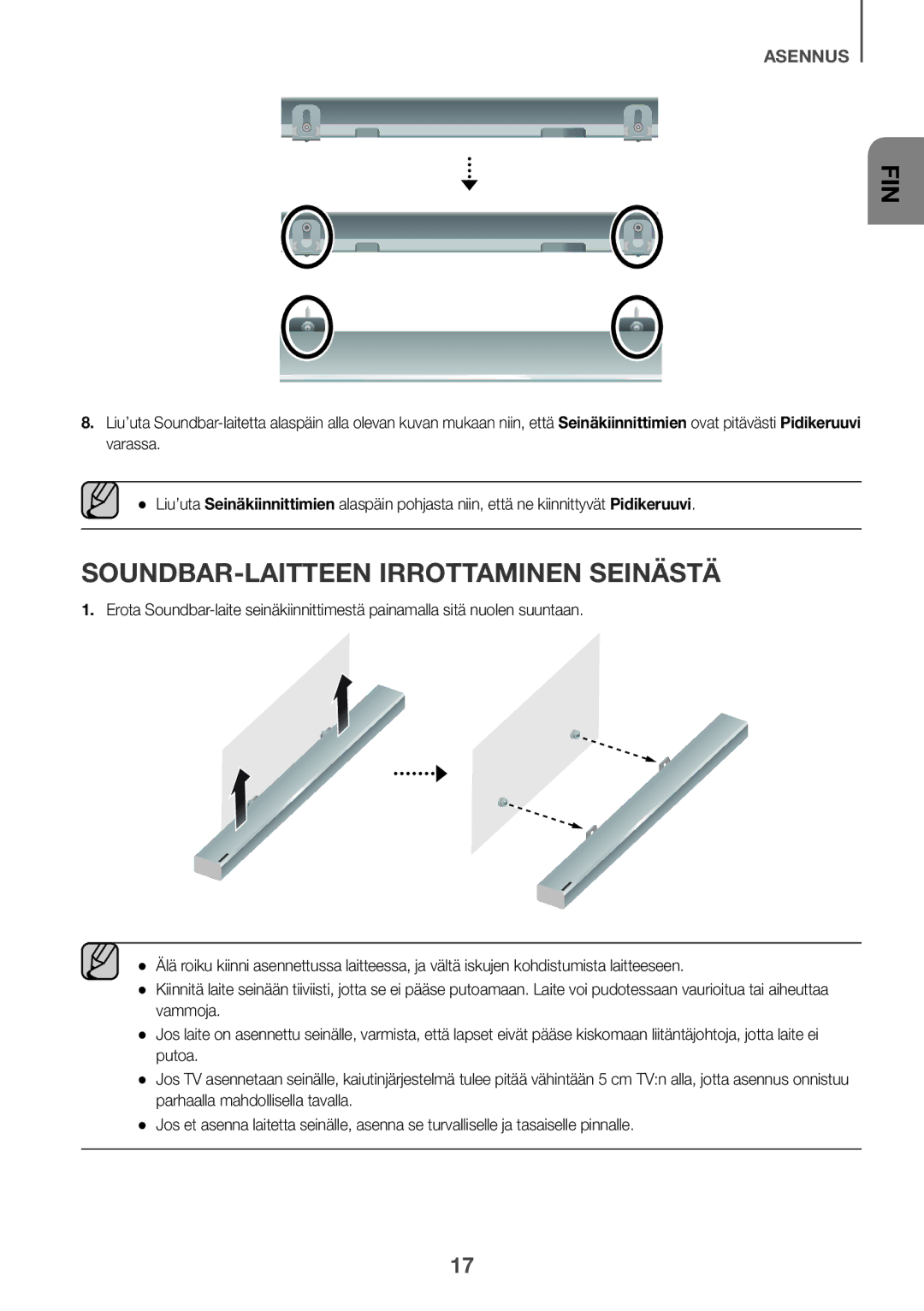 Samsung HW-K860/XE manual Soundbar-laitteen irrottaminen seinästä 