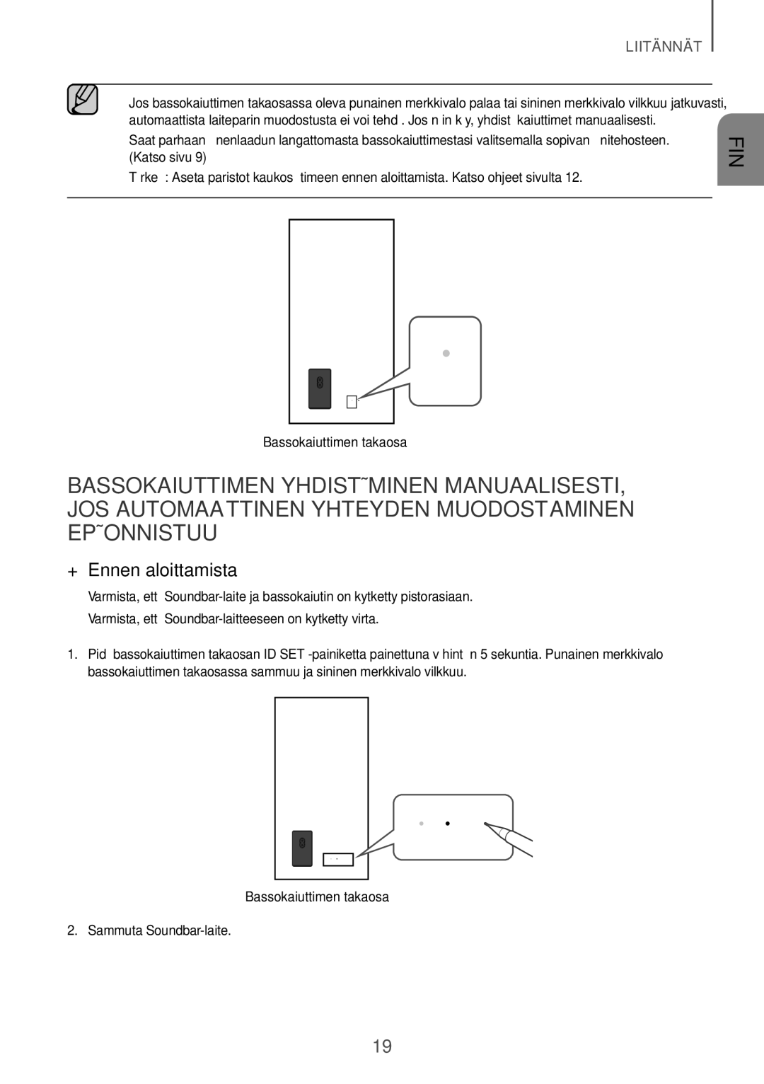 Samsung HW-K860/XE manual ++Ennen aloittamista, Bassokaiuttimen takaosa, Sammuta Soundbar-laite 