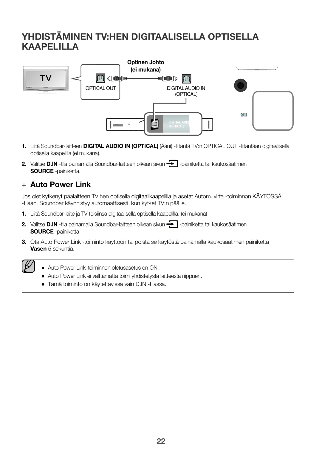 Samsung HW-K860/XE manual Yhdistäminen TVhen digitaalisella optisella kaapelilla, Optinen Johto Ei mukana 