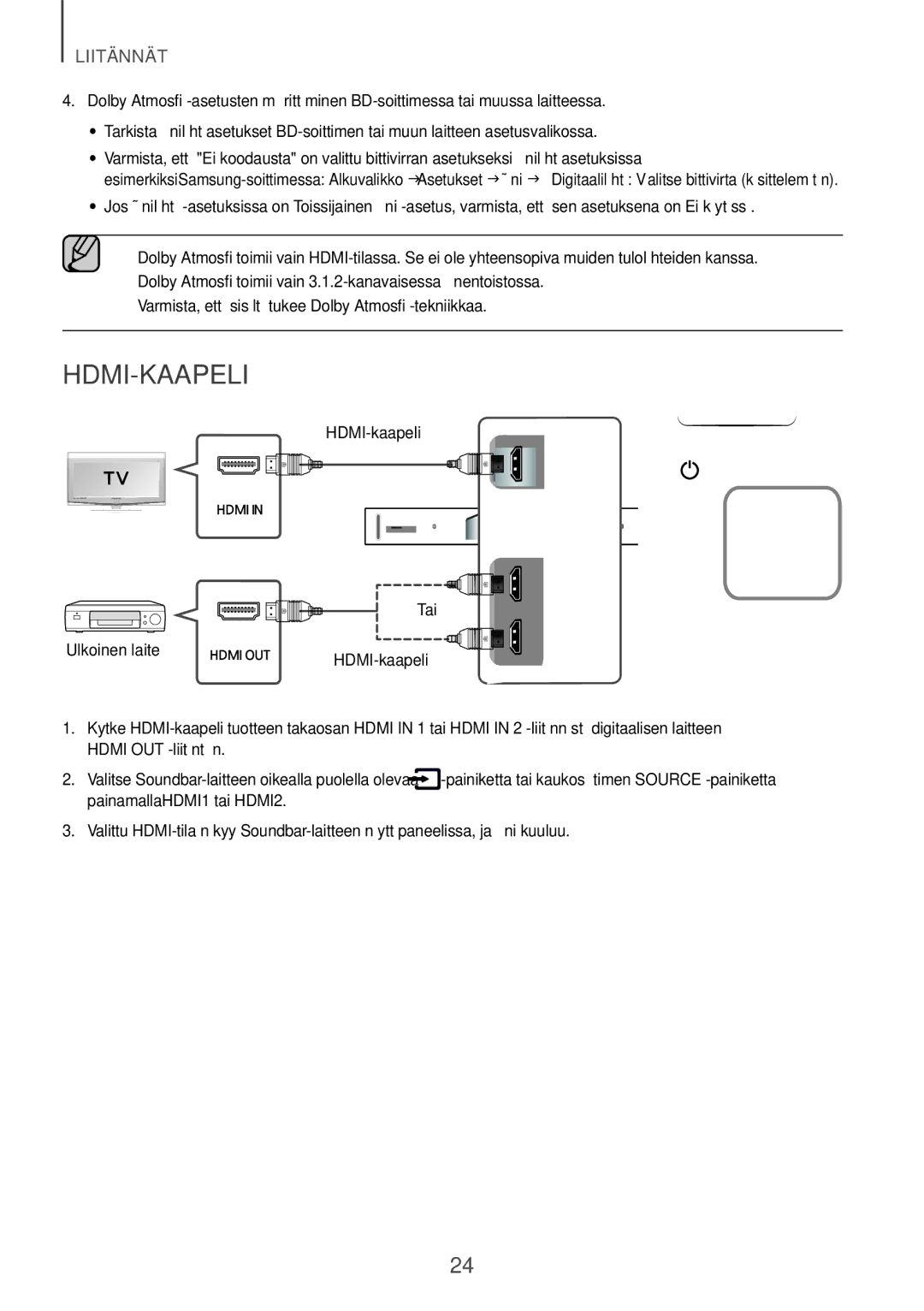 Samsung HW-K860/XE manual HDMI-kaapeli, Varmista, että sisältö tukee Dolby Atmos -tekniikkaa 