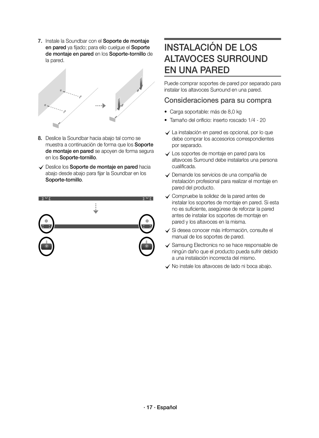 Samsung HW-K950/ZF, HW-K950/EN manual Instalación DE LOS Altavoces Surround EN UNA Pared, Consideraciones para su compra 