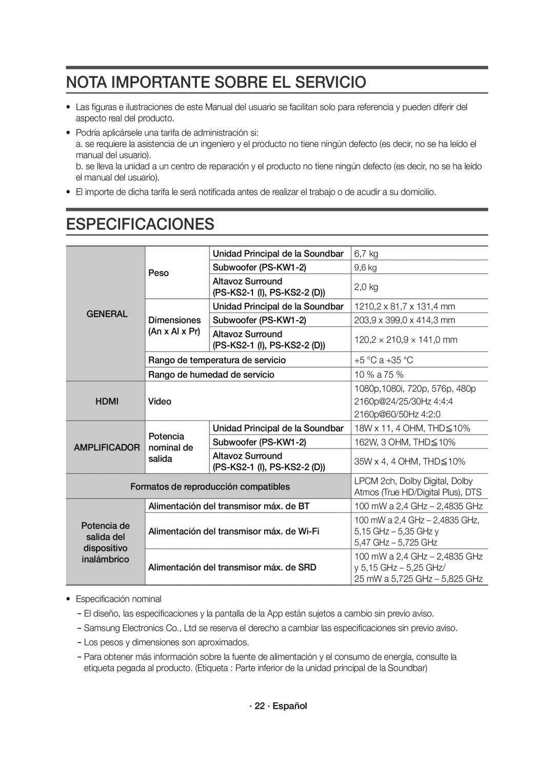 Samsung HW-K950/EN, HW-K950/ZF manual Nota Importante Sobre EL Servicio, Especificaciones, Amplificador 