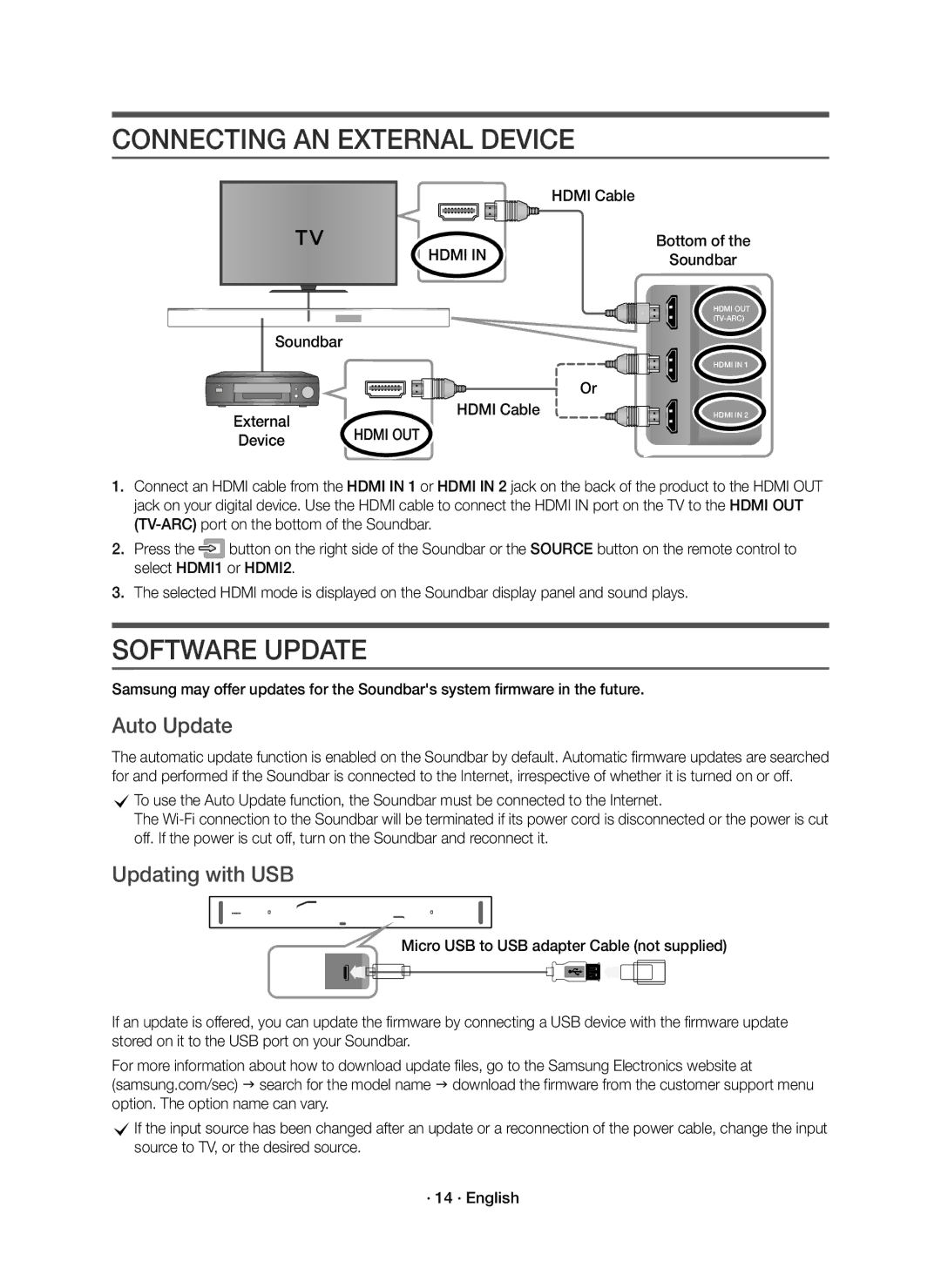 Samsung HW-K950/EN, HW-K950/ZF manual Connecting AN External Device, Software Update, Auto Update, Updating with USB 