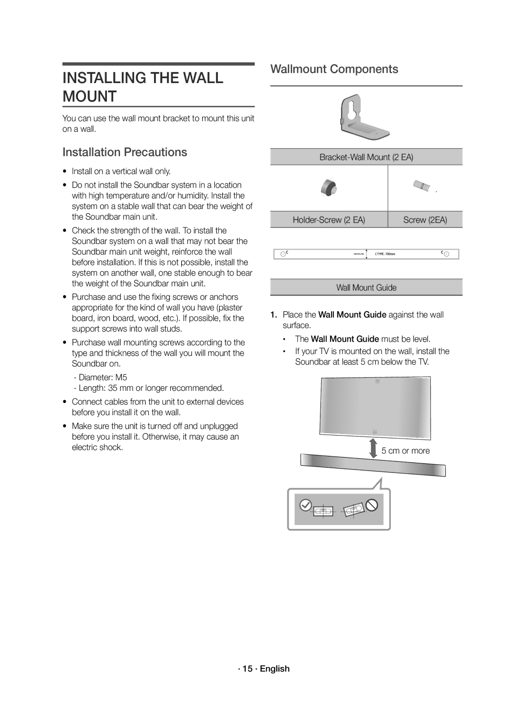 Samsung HW-K950/ZF, HW-K950/EN manual Installing the Wall Mount, Installation Precautions, Wallmount Components 