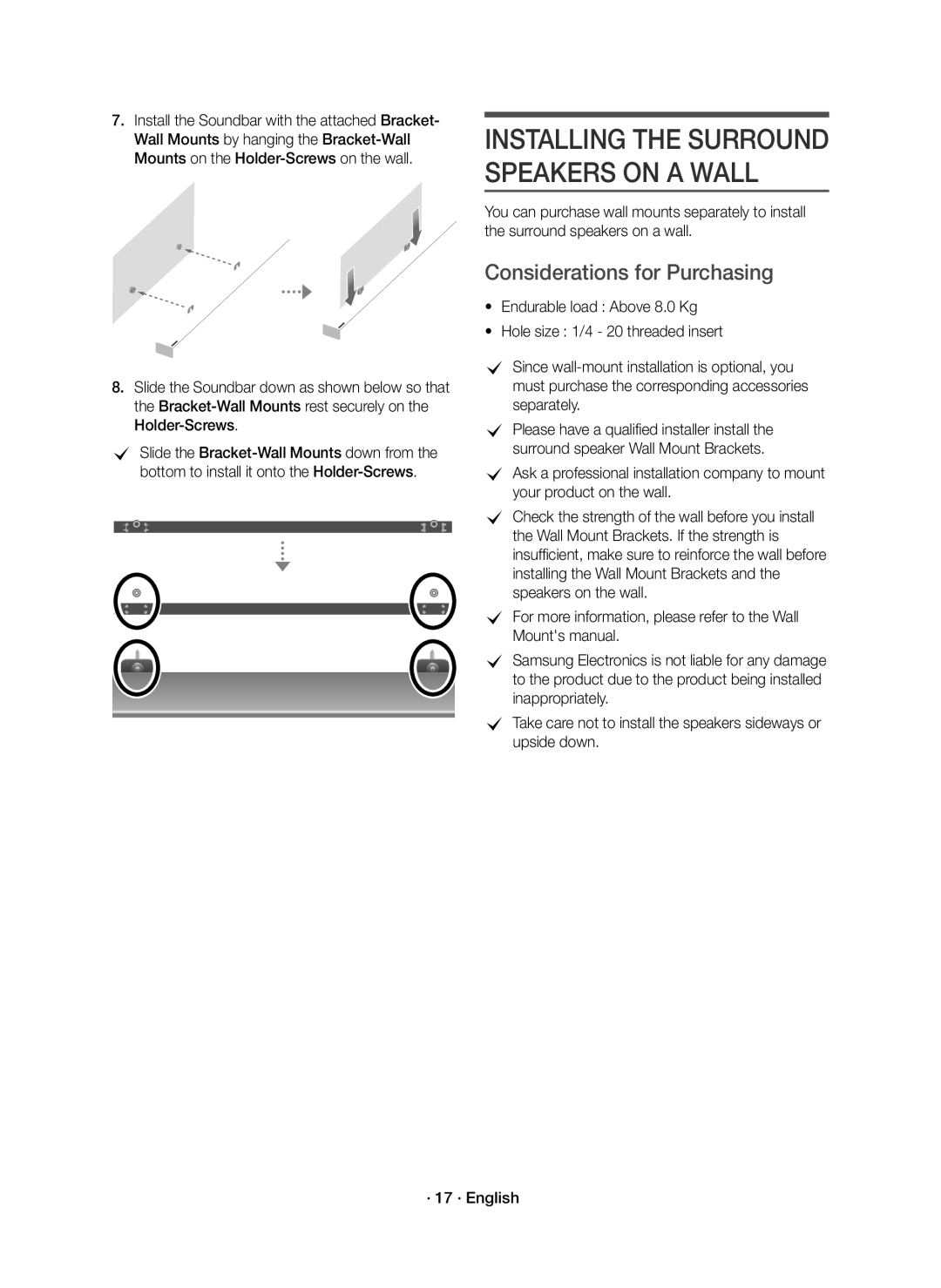 Samsung HW-K950/ZF, HW-K950/EN manual Installing the Surround Speakers on a Wall, Considerations for Purchasing 