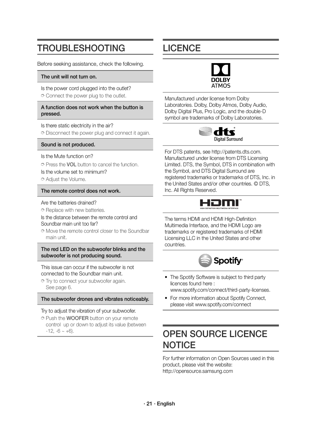 Samsung HW-K950/ZF manual Troubleshooting, Open Source Licence Notice, Sound is not produced Is the Mute function on? 