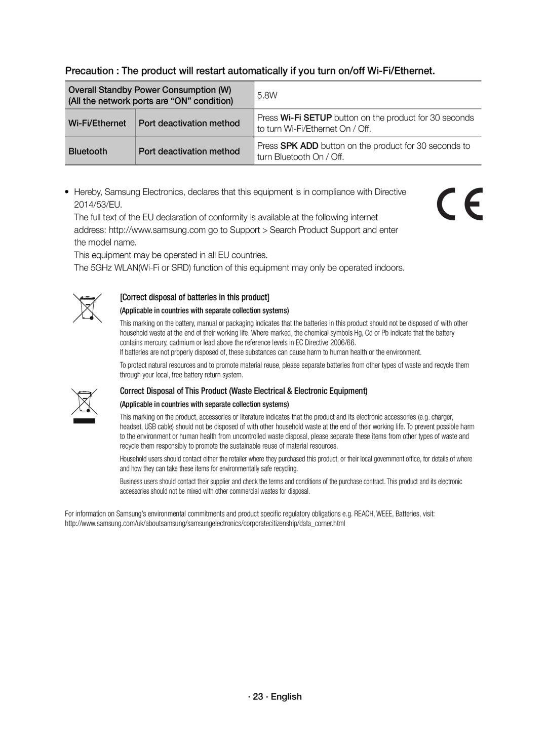 Samsung HW-K950/ZF manual To turn Wi-Fi/Ethernet On / Off, Bluetooth Port deactivation method, Turn Bluetooth On / Off 