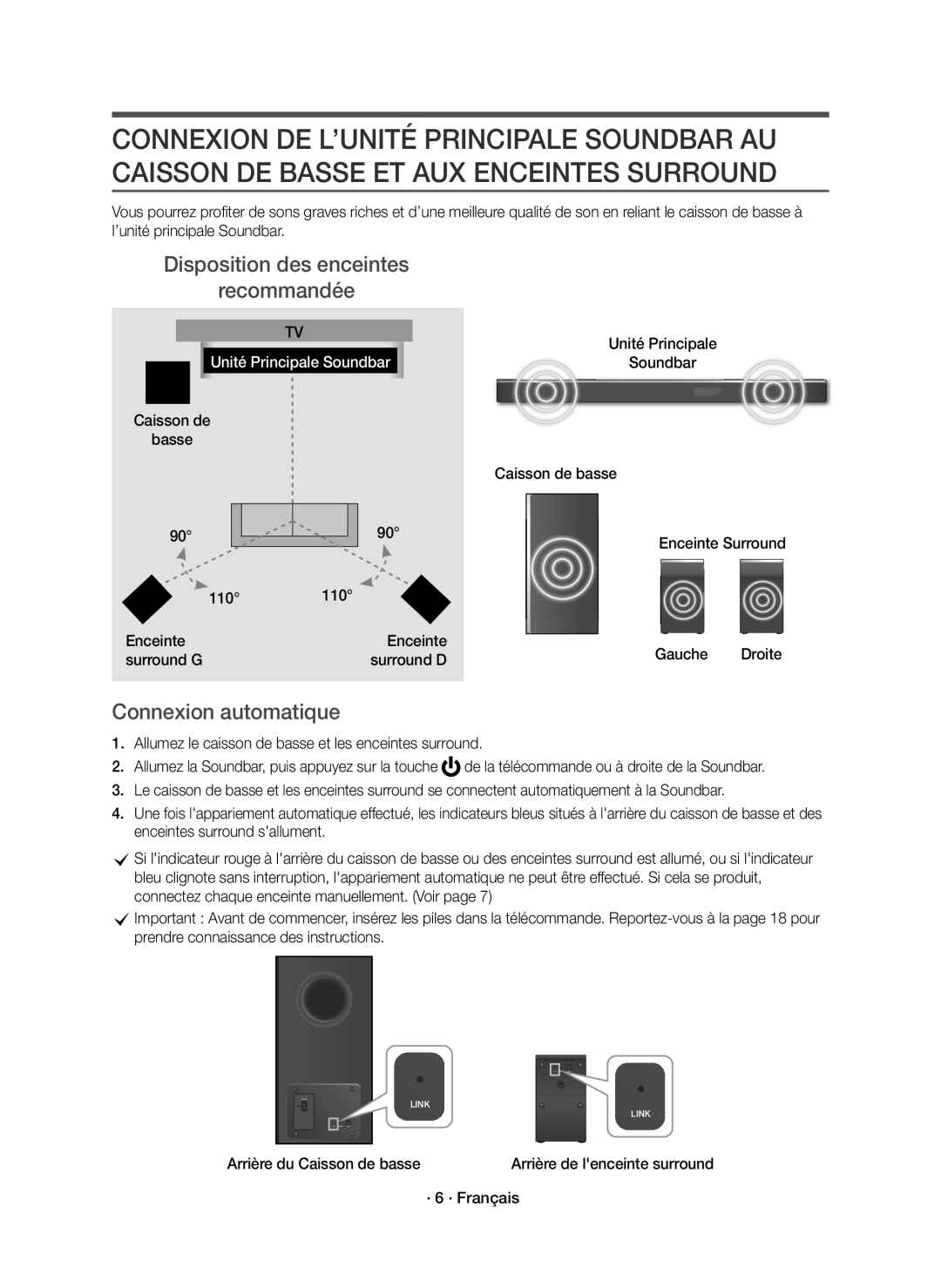 Samsung HW-K950/EN, HW-K950/ZF manual Disposition des enceintes Recommandée, Connexion automatique, Unité Principale 