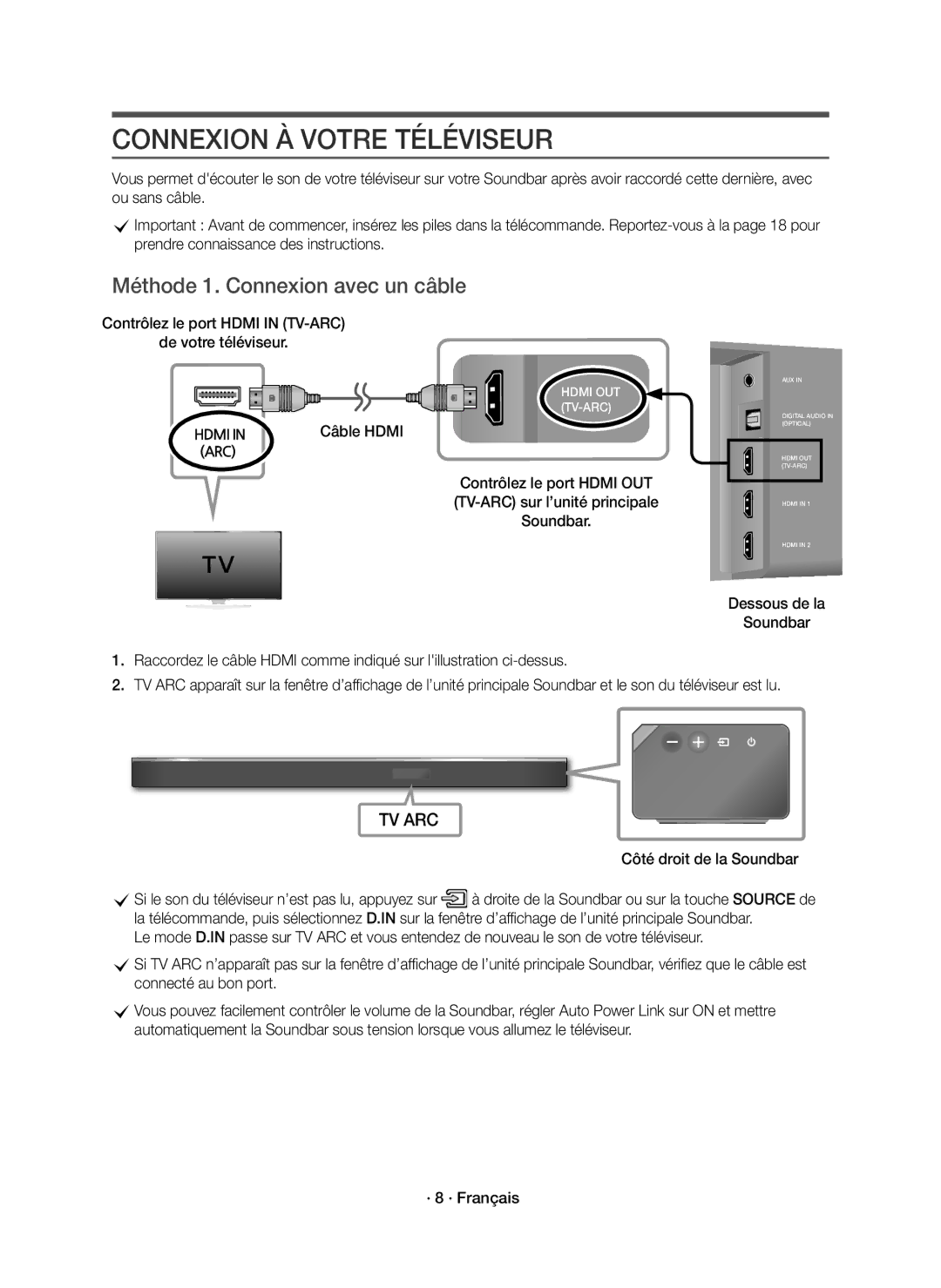 Samsung HW-K950/EN, HW-K950/ZF Méthode 1. Connexion avec un câble, Contrôlez le port Hdmi in TV-ARC De votre téléviseur 