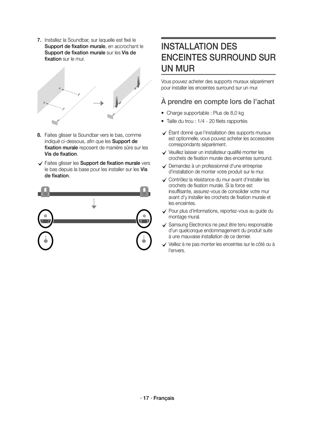 Samsung HW-K950/ZF, HW-K950/EN manual Installation DES Enceintes Surround SUR UN MUR, Prendre en compte lors de lachat 