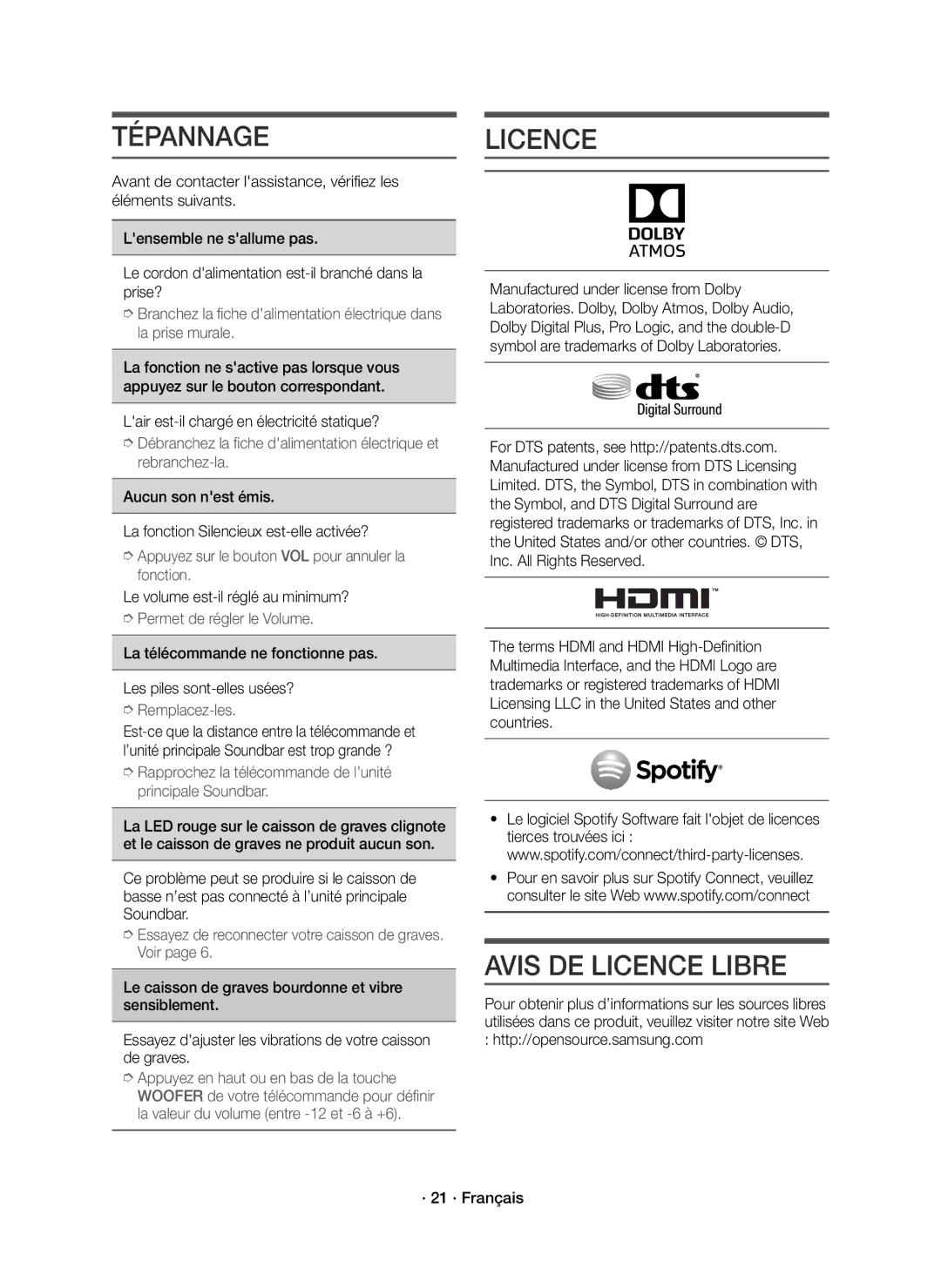 Samsung HW-K950/ZF, HW-K950/EN manual Tépannage, Avis DE Licence Libre, Lair est-il chargé en électricité statique? 