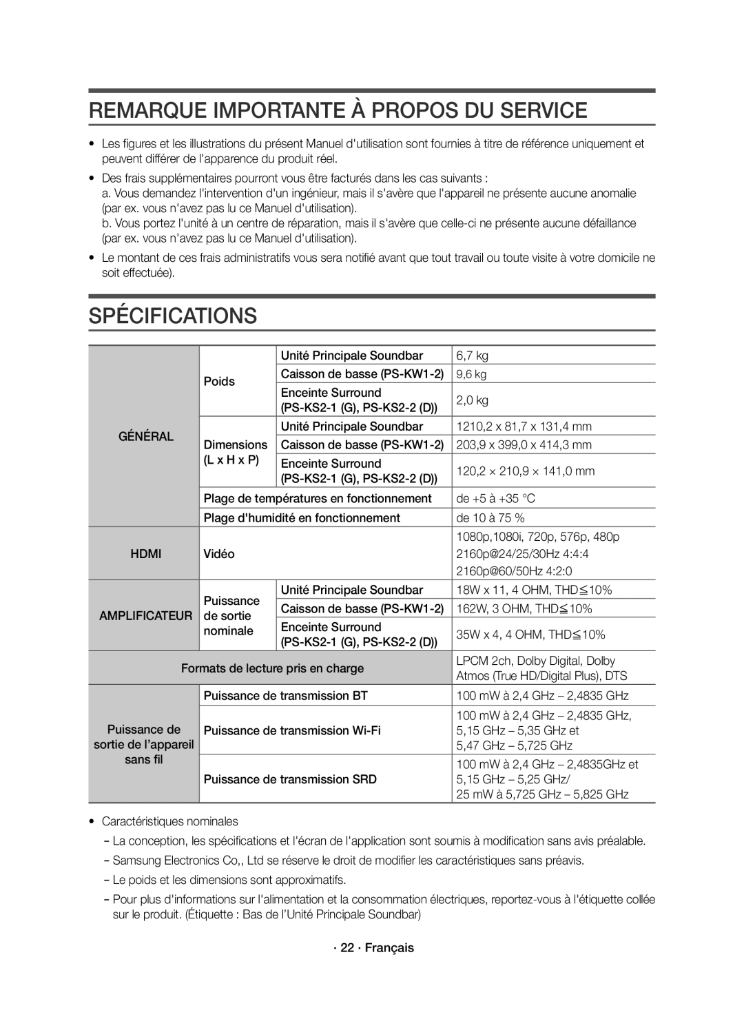 Samsung HW-K950/EN, HW-K950/ZF manual Remarque Importante À Propos DU Service, Spécifications, Amplificateur 