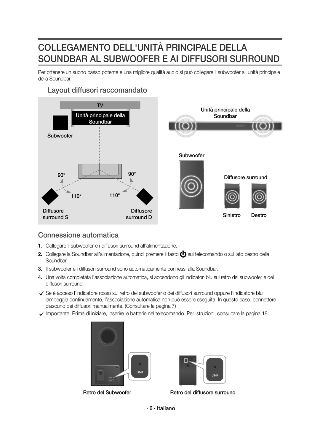 Samsung HW-K950/EN manual Layout diffusori raccomandato, Connessione automatica, Unità principale della, · 6 · Italiano 