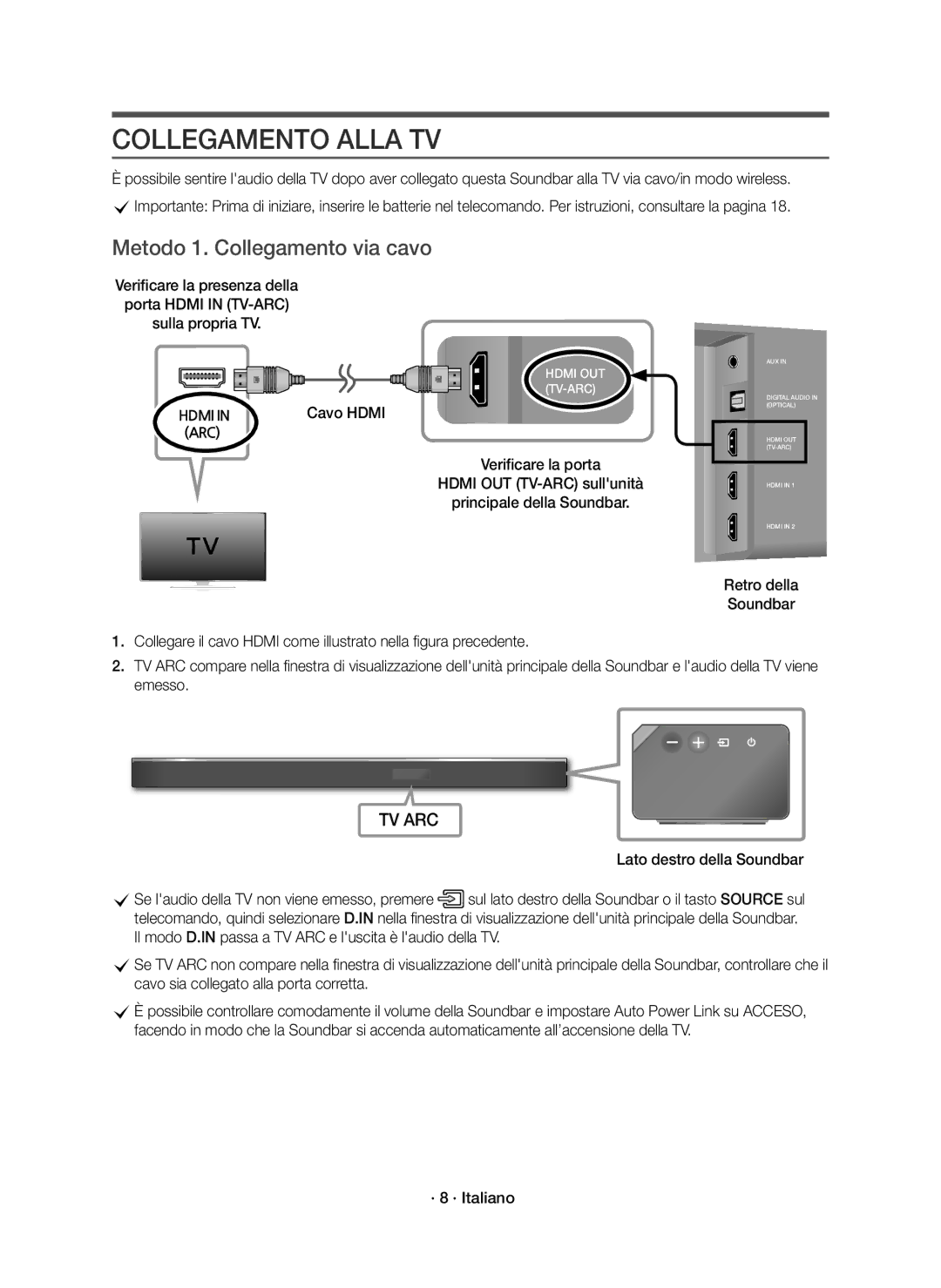 Samsung HW-K950/EN, HW-K950/ZF manual Collegamento Alla TV, Metodo 1. Collegamento via cavo, · 8 · Italiano 