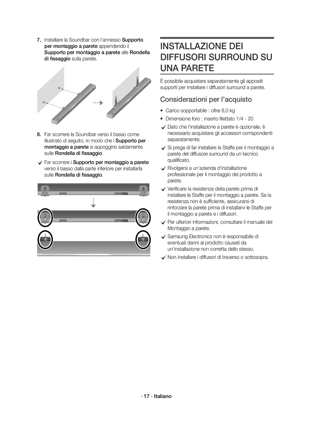 Samsung HW-K950/ZF, HW-K950/EN manual Installazione DEI Diffusori Surround SU UNA Parete, Considerazioni per l’acquisto 