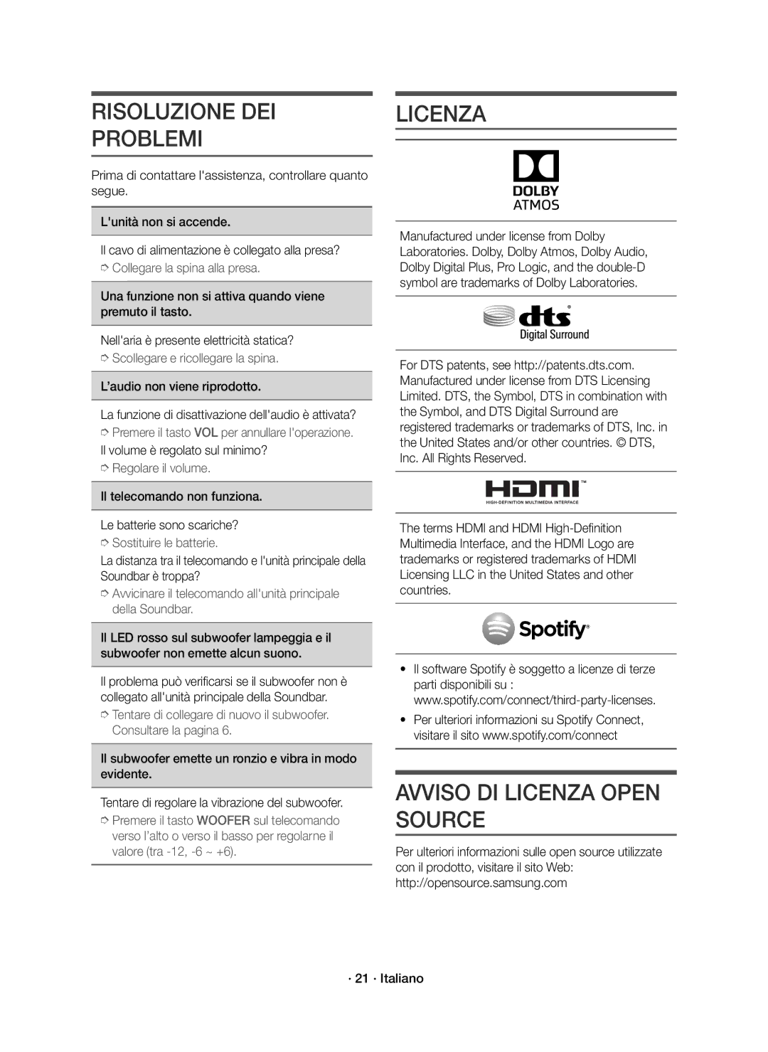 Samsung HW-K950/ZF, HW-K950/EN manual Risoluzione DEI Problemi, Avviso DI Licenza Open Source 