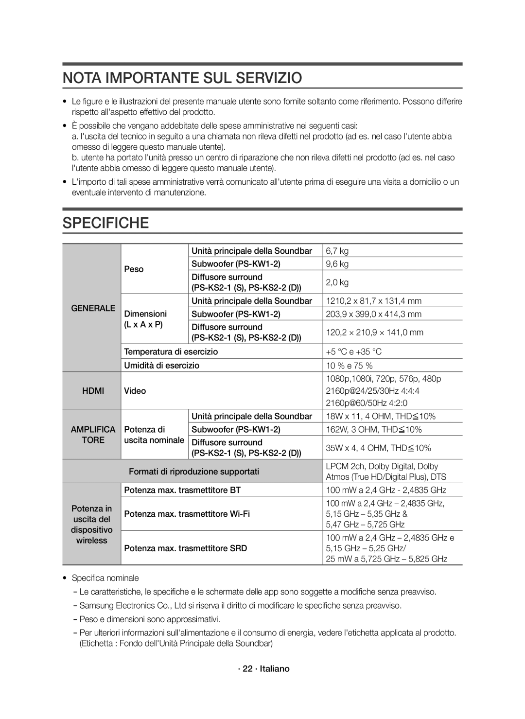 Samsung HW-K950/EN, HW-K950/ZF manual Nota Importante SUL Servizio, Specifiche, Generale, Amplifica, Tore 