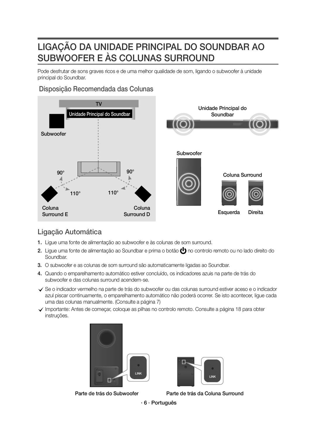 Samsung HW-K950/EN, HW-K950/ZF manual Disposição Recomendada das Colunas, Ligação Automática 