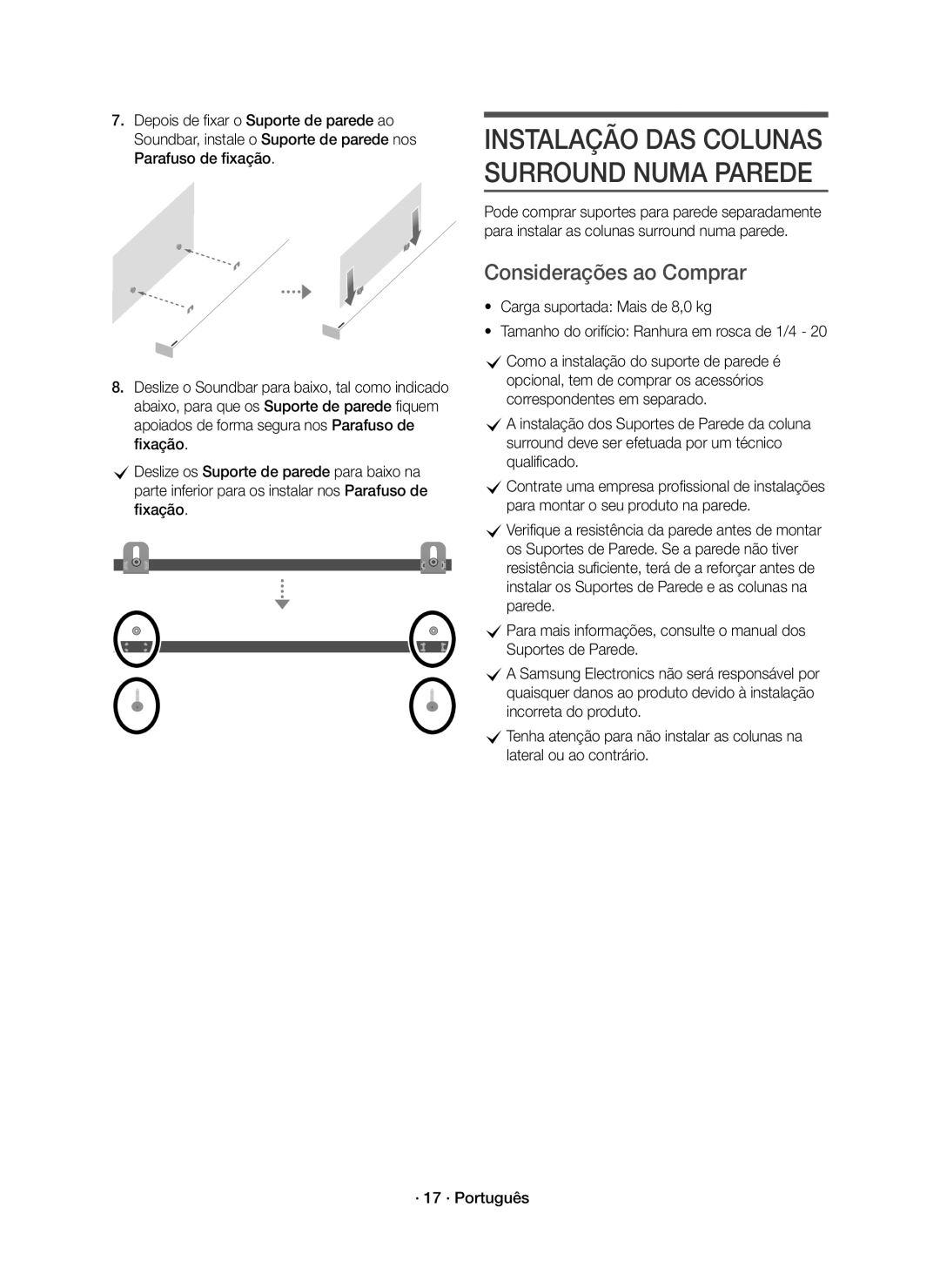 Samsung HW-K950/ZF, HW-K950/EN manual Instalação DAS Colunas Surround Numa Parede, Considerações ao Comprar 