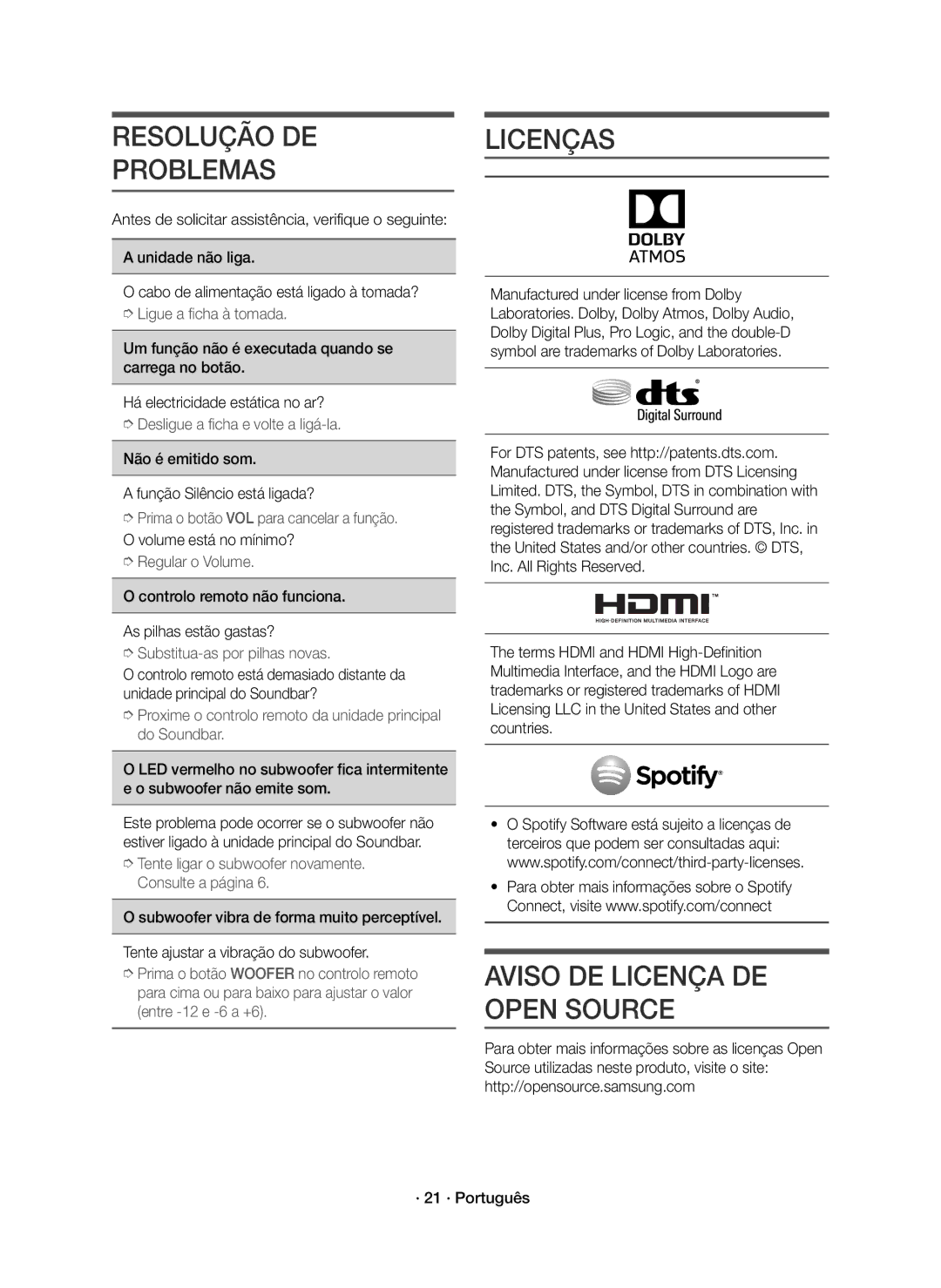 Samsung HW-K950/ZF, HW-K950/EN manual Resolução DE Problemas, Licenças, Aviso DE Licença DE Open Source 