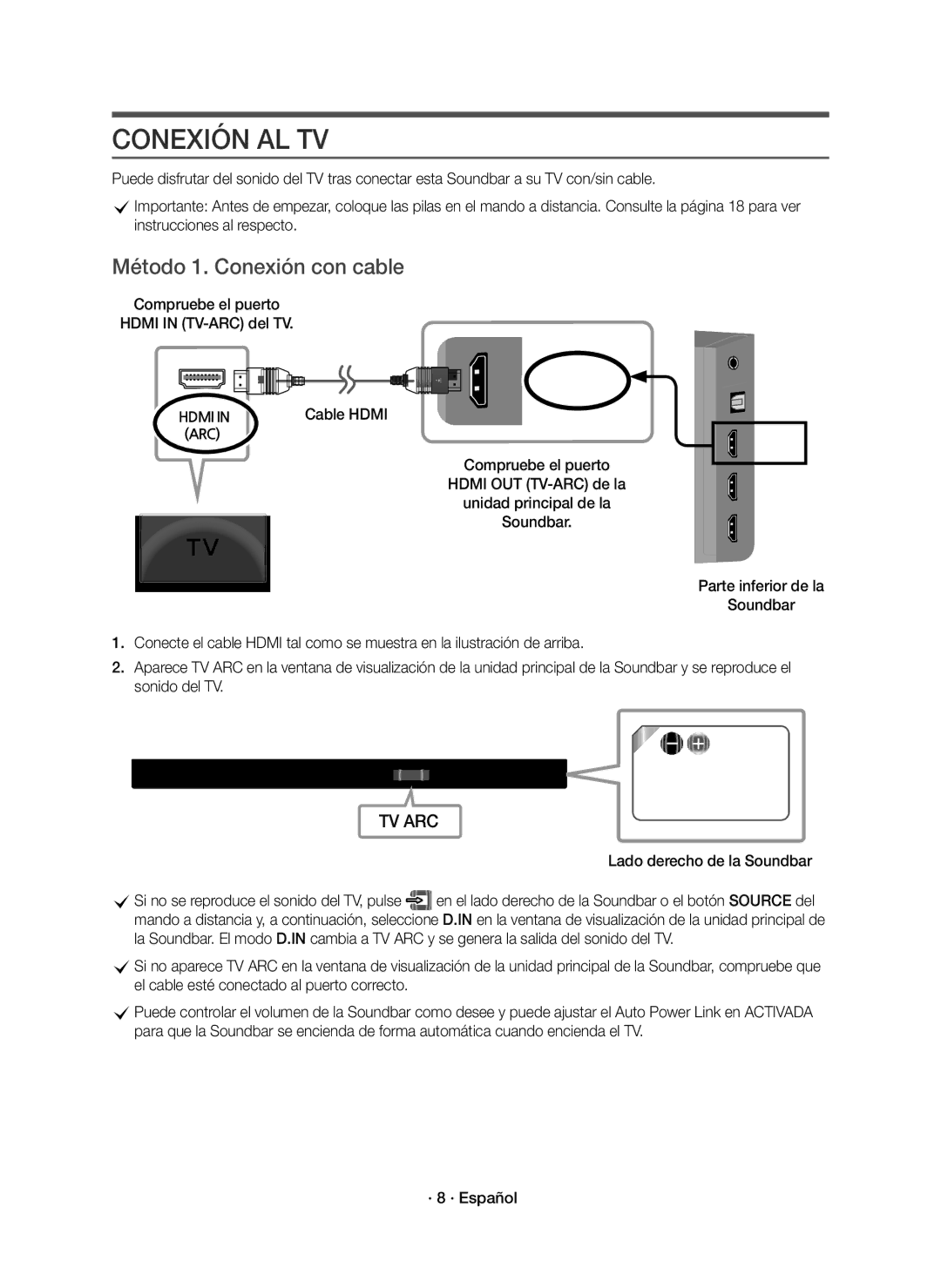 Samsung HW-K950/EN, HW-K950/ZF Conexión AL TV, Método 1. Conexión con cable, Compruebe el puerto Hdmi in TV-ARC del TV 