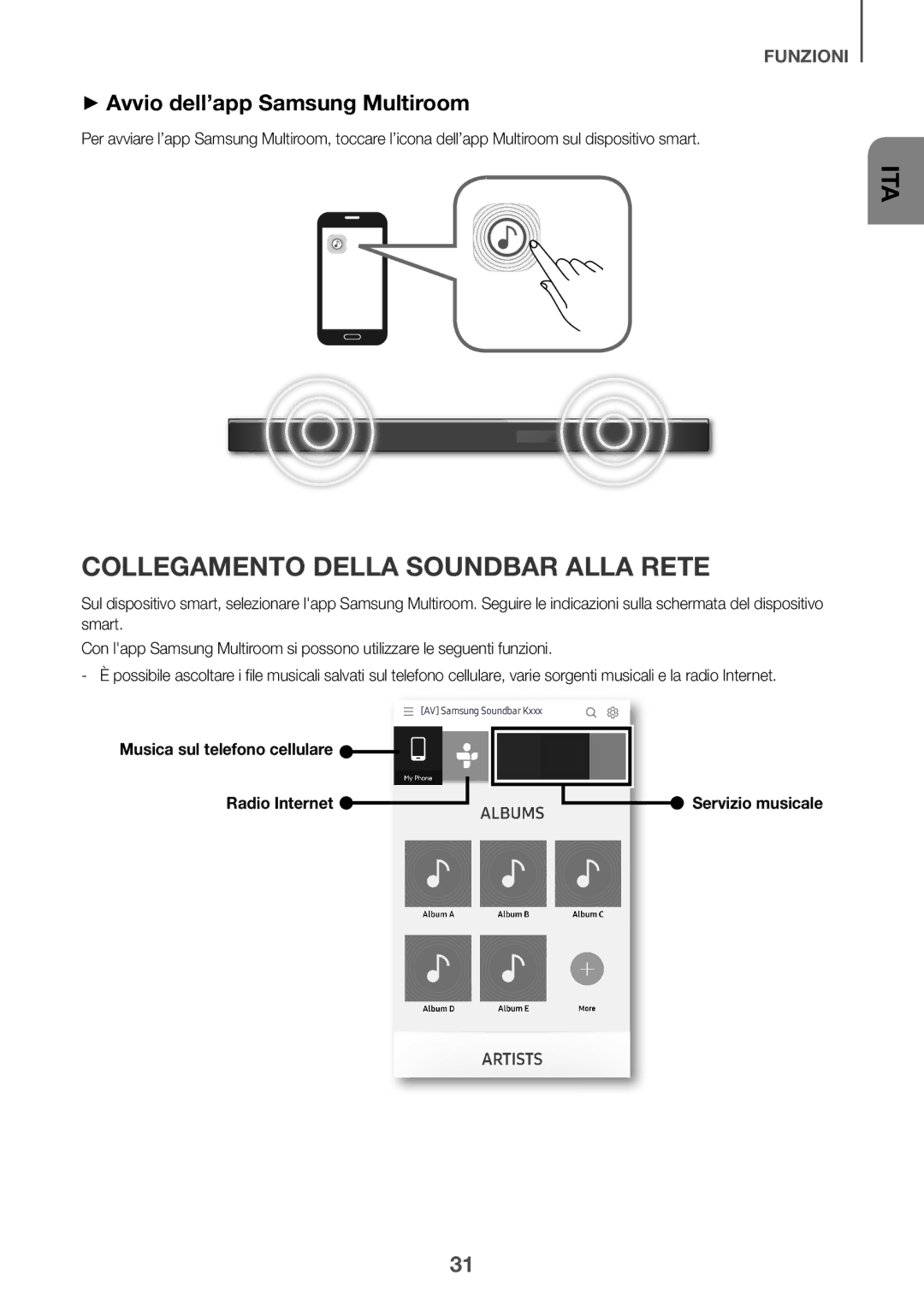 Samsung HW-K950/ZF manual Collegamento Della Soundbar Alla Rete, ++Avvio dell’app Samsung Multiroom, Servizio musicale 