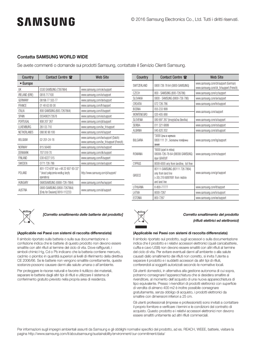 Samsung HW-K950/EN, HW-K950/ZF Contatta Samsung World Wide, Applicabile nei Paesi con sistemi di raccolta differenziata 