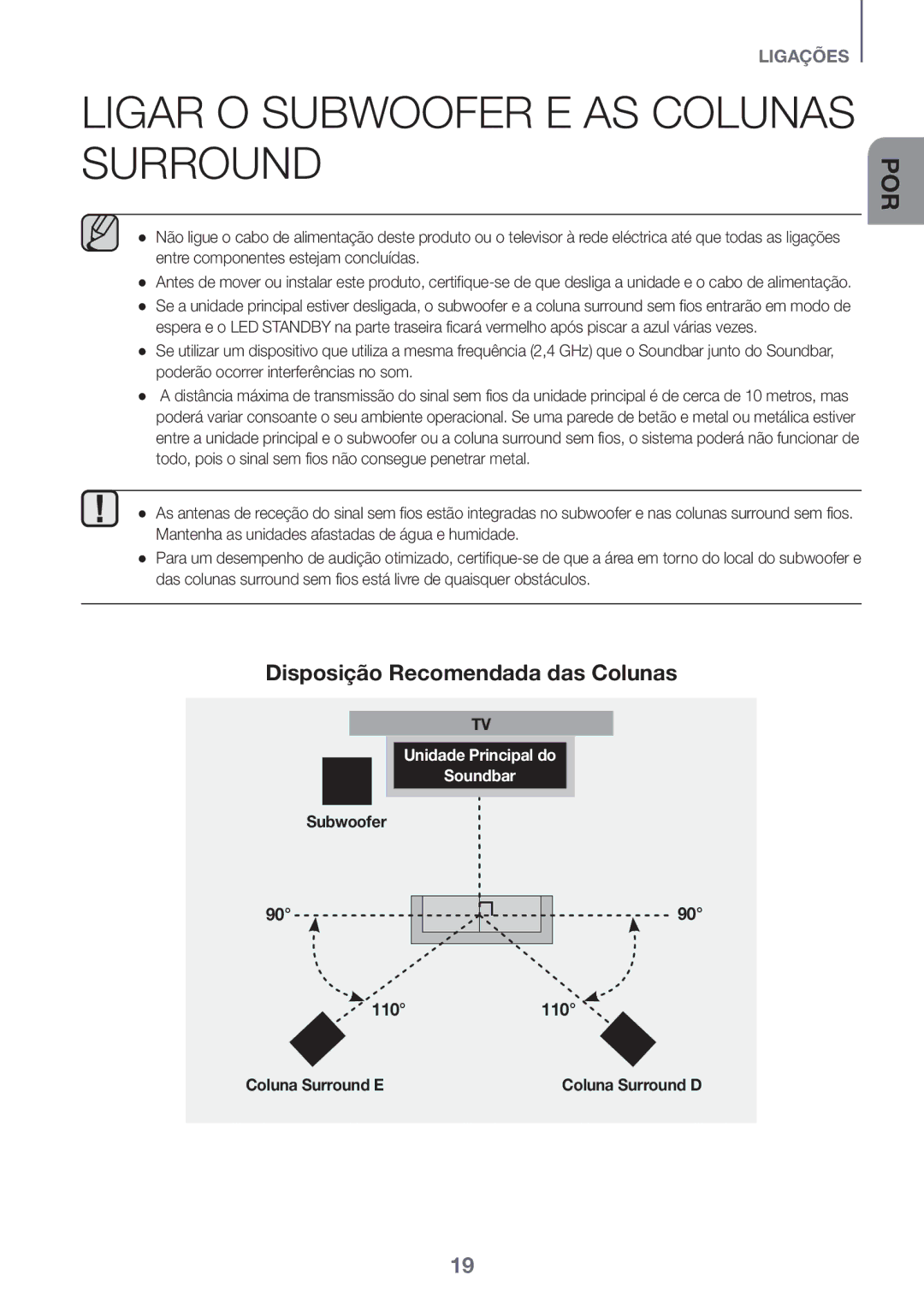 Samsung HW-K950/ZF manual Ligar O Subwoofer E AS Colunas Surround, Disposição Recomendada das Colunas, Coluna Surround D 