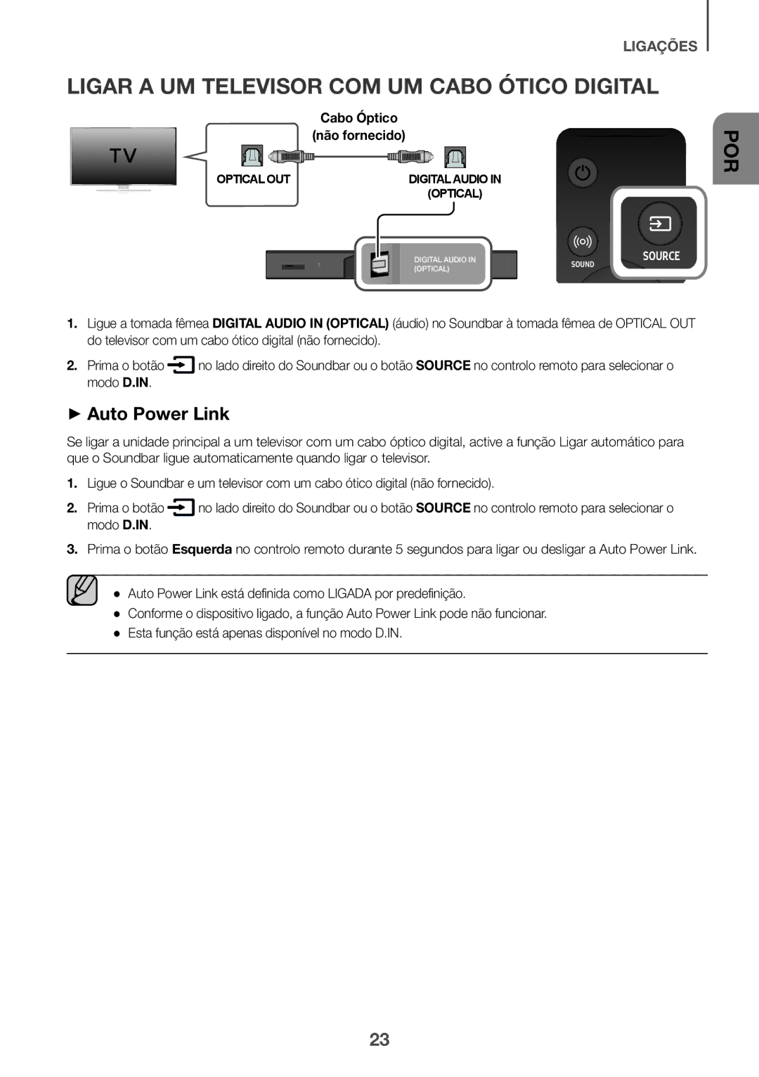 Samsung HW-K950/ZF, HW-K950/EN manual Ligar a UM Televisor COM UM Cabo Ótico Digital, Cabo Óptico Não fornecido, Modo D.IN 