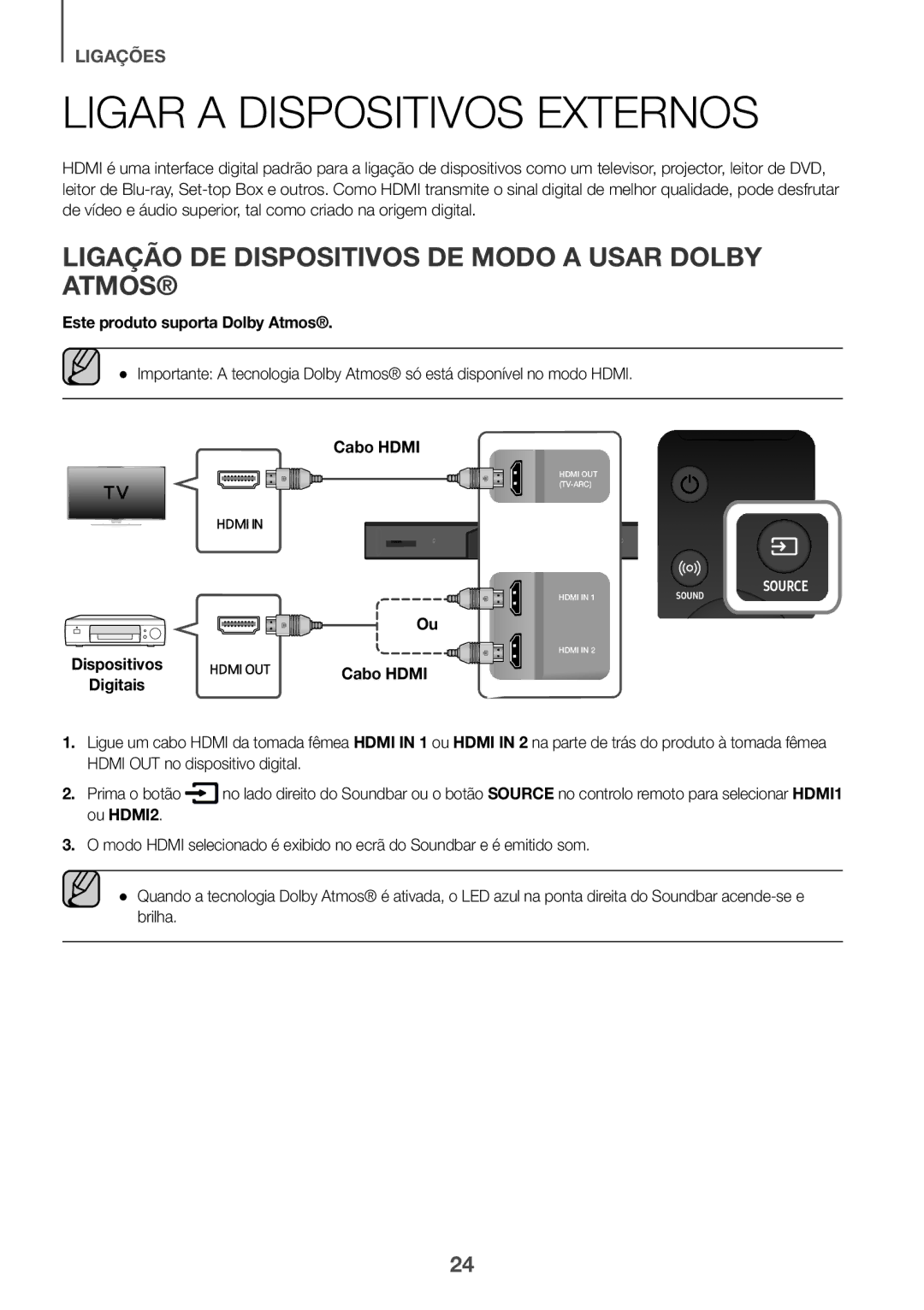 Samsung HW-K950/EN, HW-K950/ZF Ligar a Dispositivos Externos, Ligação DE Dispositivos DE Modo a Usar Dolby Atmos, Ou HDMI2 