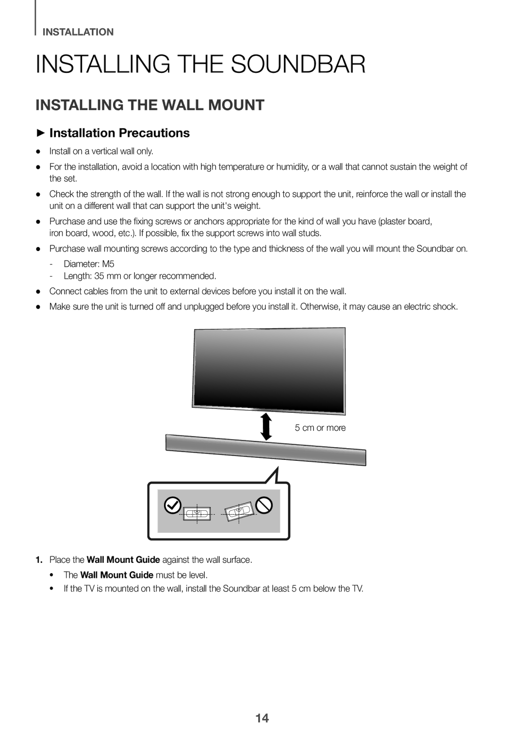 Samsung HW-K950/EN, HW-K950/ZF manual Installing the Soundbar, Installing the Wall Mount, ++Installation Precautions 