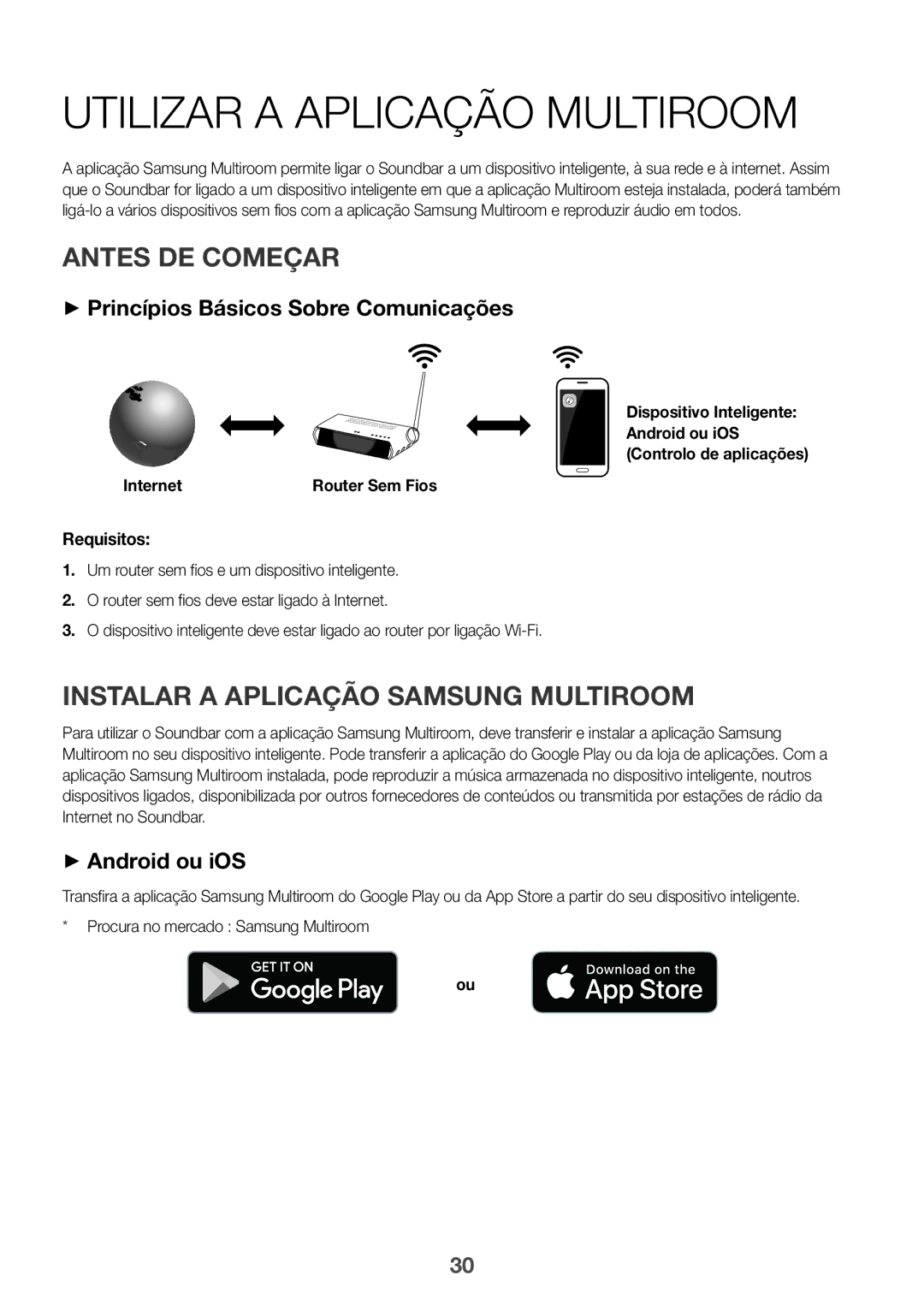 Samsung HW-K950/EN Utilizar a Aplicação Multiroom, Antes DE Começar, Instalar a Aplicação Samsung Multiroom, Requisitos 