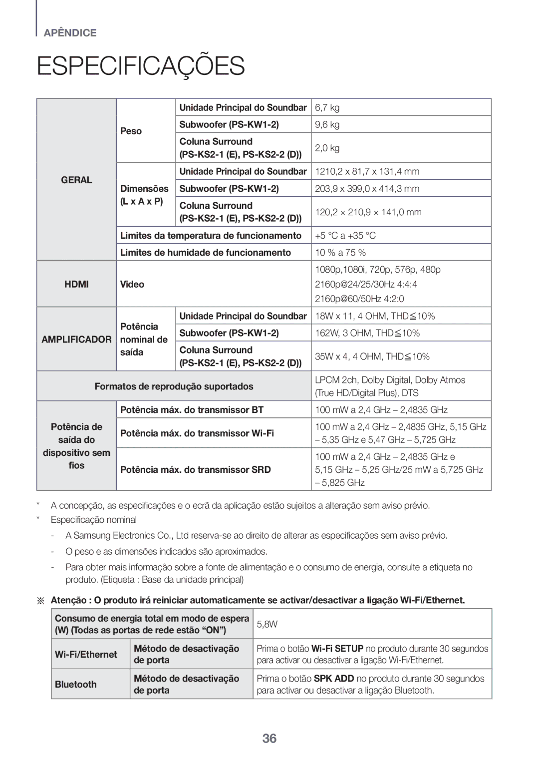 Samsung HW-K950/EN, HW-K950/ZF manual Especificações 